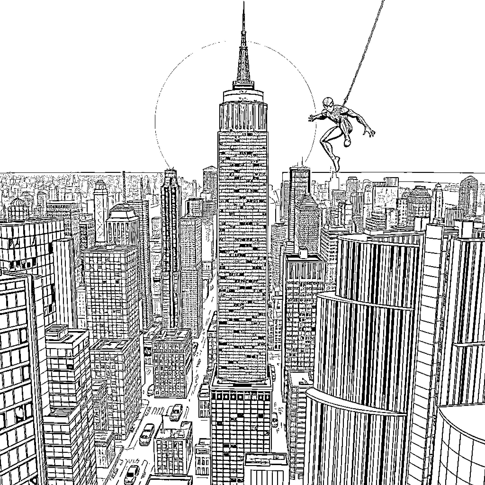 Spider-Man swinging high above the city skyline Coloring Page (free black-and-white line drawing printable PDF for all, from beginners to advanced learners, including children, teens, adults, and seniors)