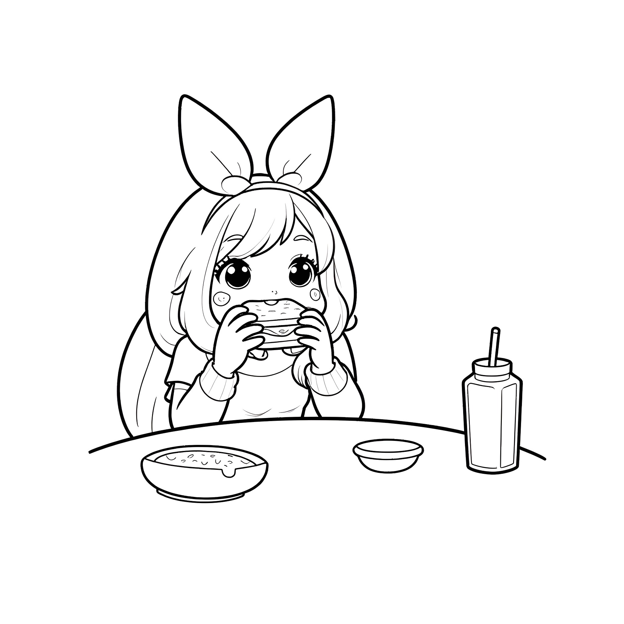 Galinda enjoying a meal Coloring Page (free black-and-white line drawing printable PDF for all, from beginners to advanced learners, including children, teens, adults, and seniors)