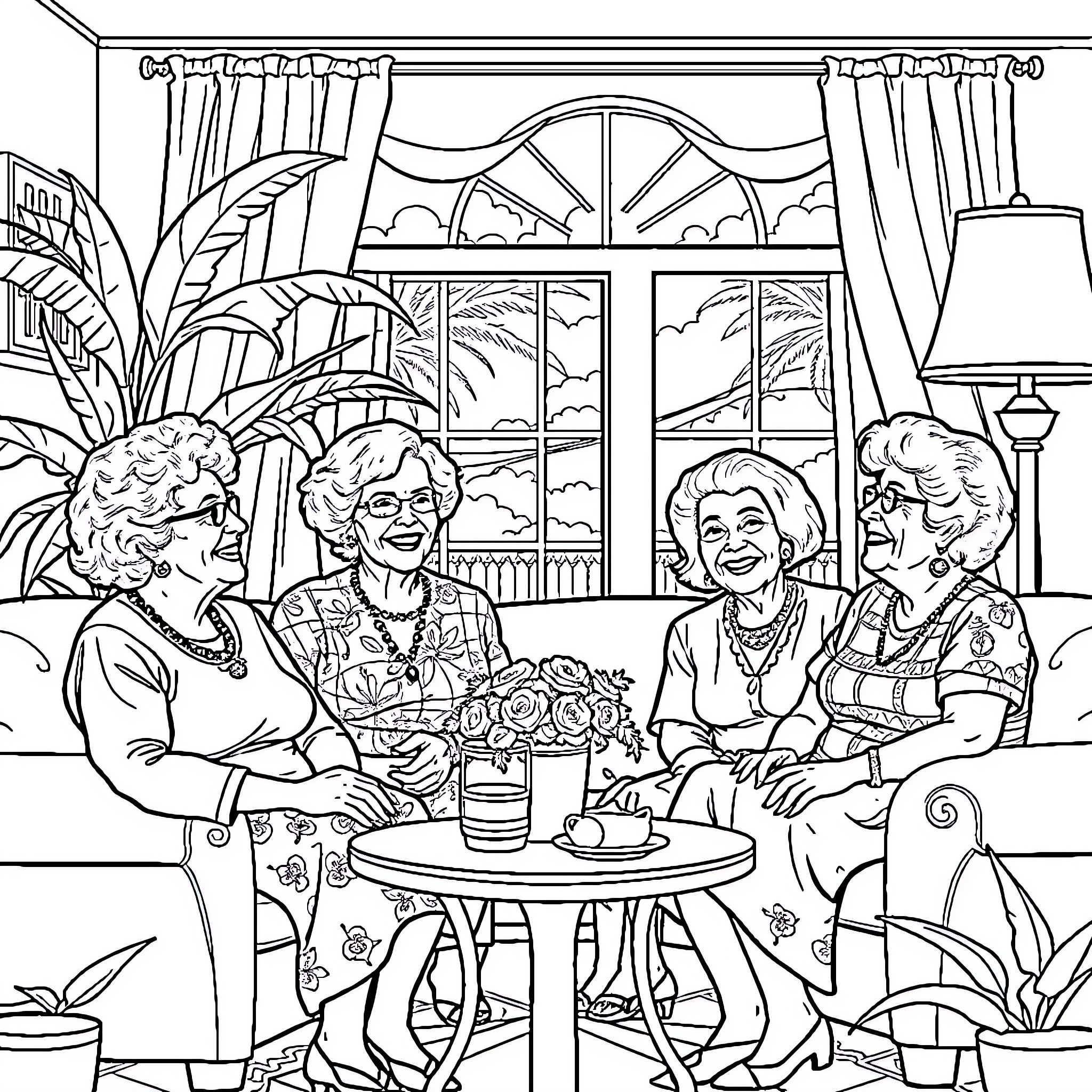 Golden Girls Enjoying Friendly Chat in Living Room Coloring Page (free black-and-white line drawing printable PDF for all, from beginners to advanced learners, including children, teens, adults, and seniors)
