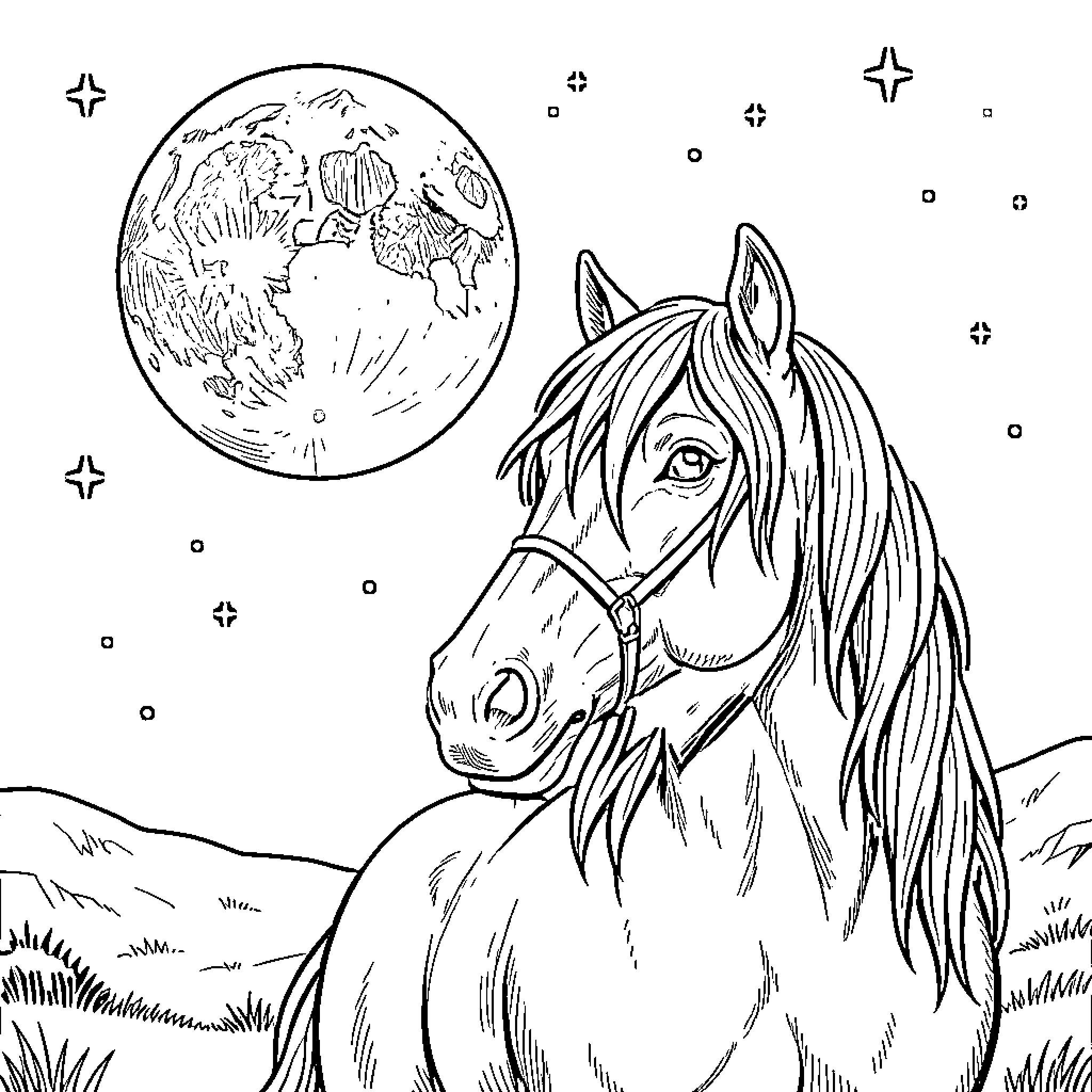 Horse galloping under the starry night sky Coloring Page (free black-and-white line drawing printable PDF for all, from beginners to advanced learners, including children, teens, adults, and seniors)