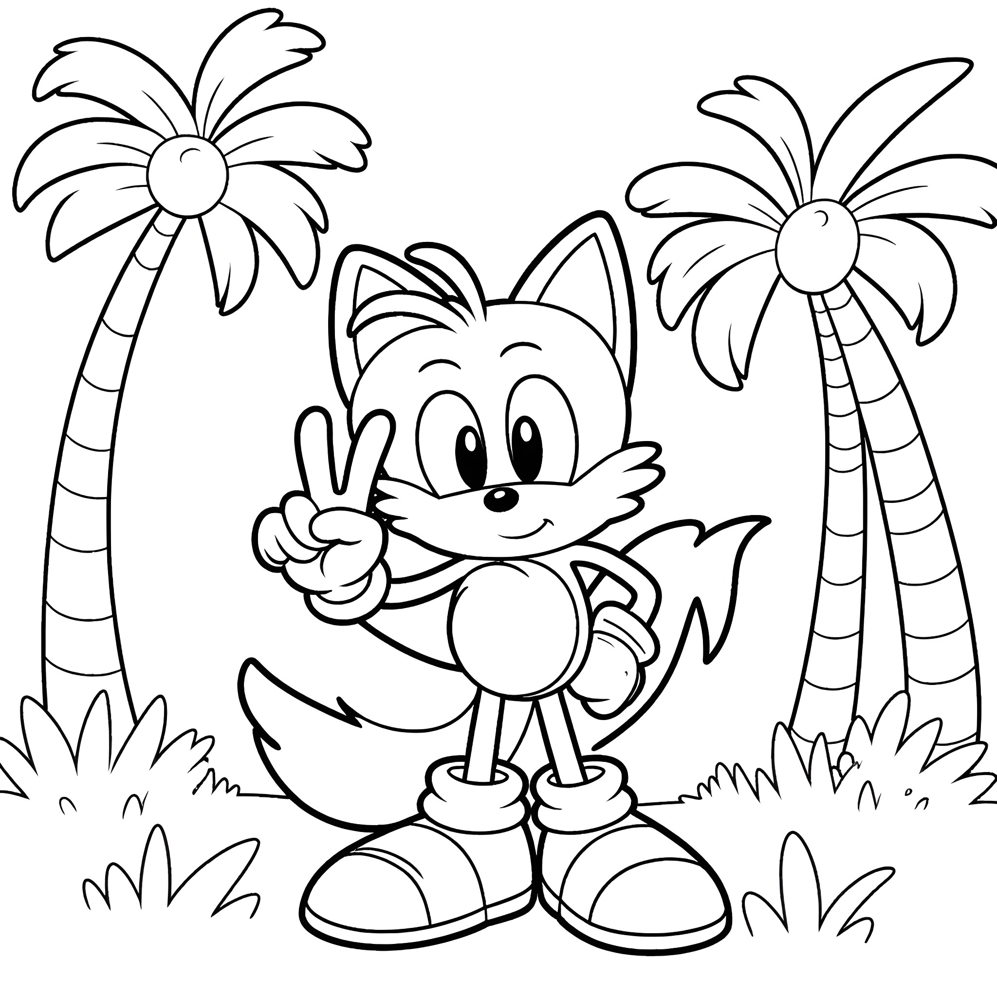 Tails making a peace sign in a tropical setting Coloring Page (free black-and-white line drawing printable PDF for all, from beginners to advanced learners, including children, teens, adults, and seniors)