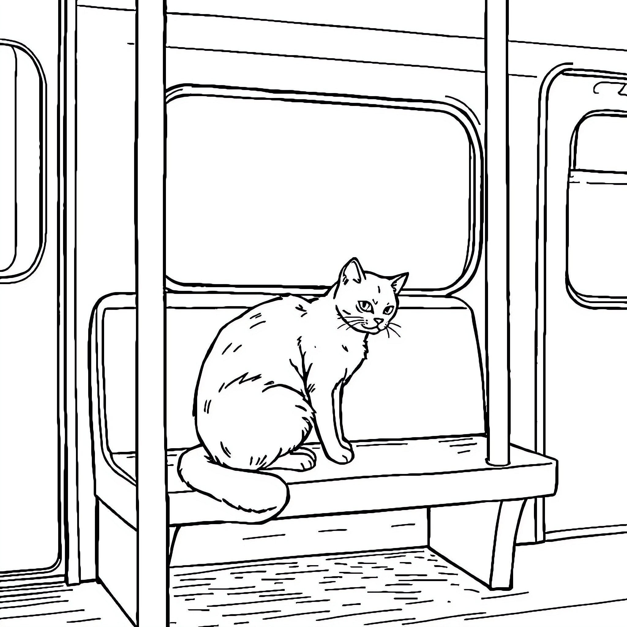 Cat sitting on a bench in a train carriage Coloring Page (free black-and-white line drawing printable PDF for all, from beginners to advanced learners, including children, teens, adults, and seniors)