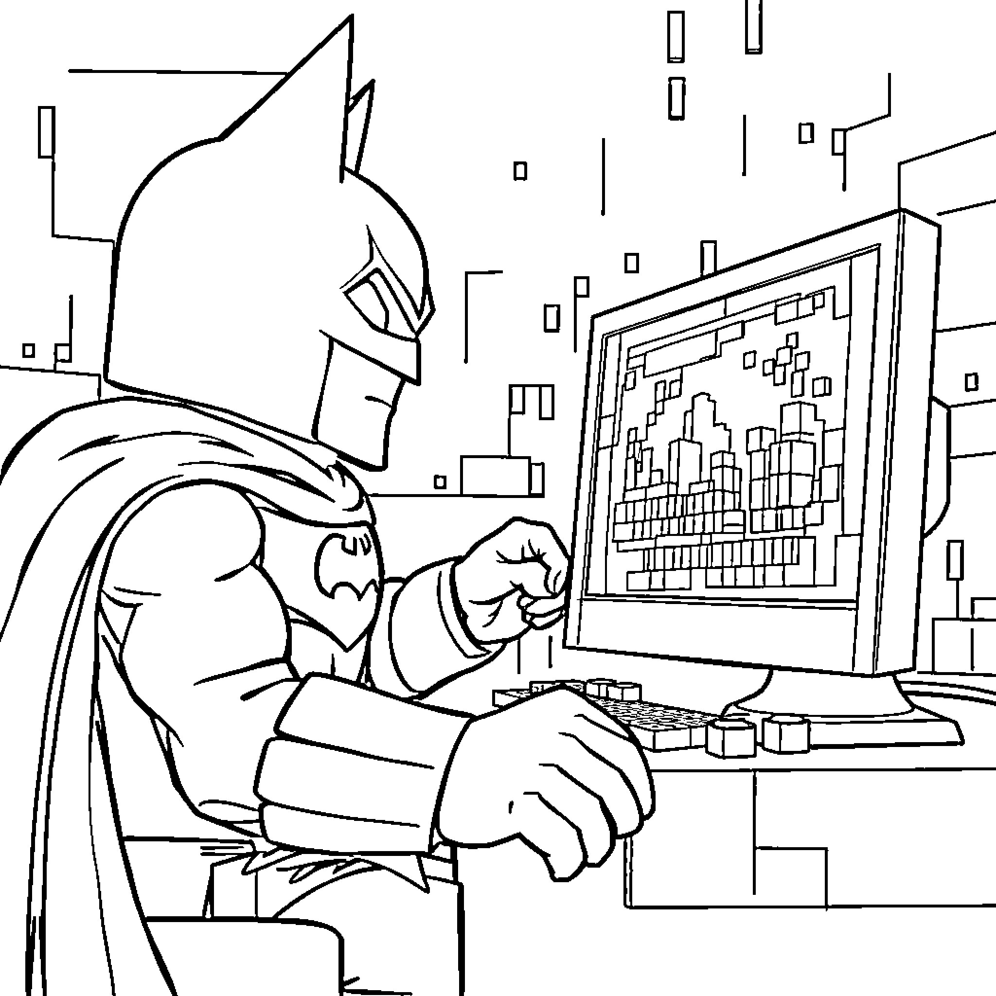 Batman working intently on a computer screen Coloring Page (free black-and-white line drawing printable PDF for all, from beginners to advanced learners, including children, teens, adults, and seniors)