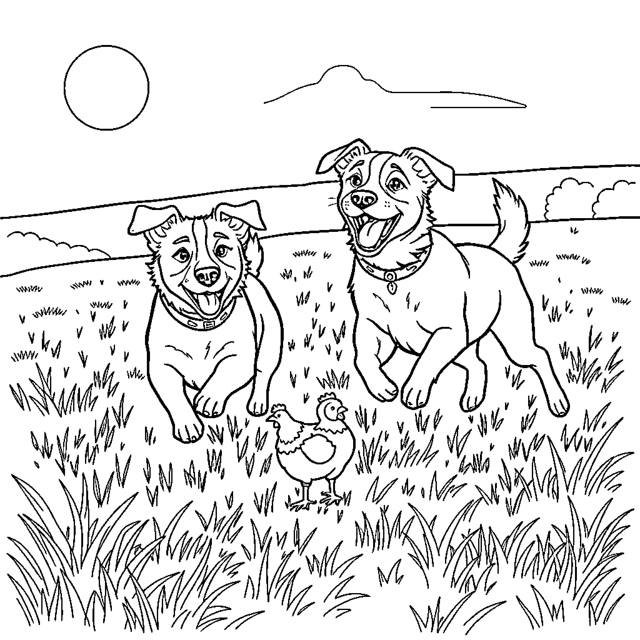 Dogs playing joyfully in a grassy field Coloring Page (free black-and-white line drawing printable PDF for all, from beginners to advanced learners, including children, teens, adults, and seniors)