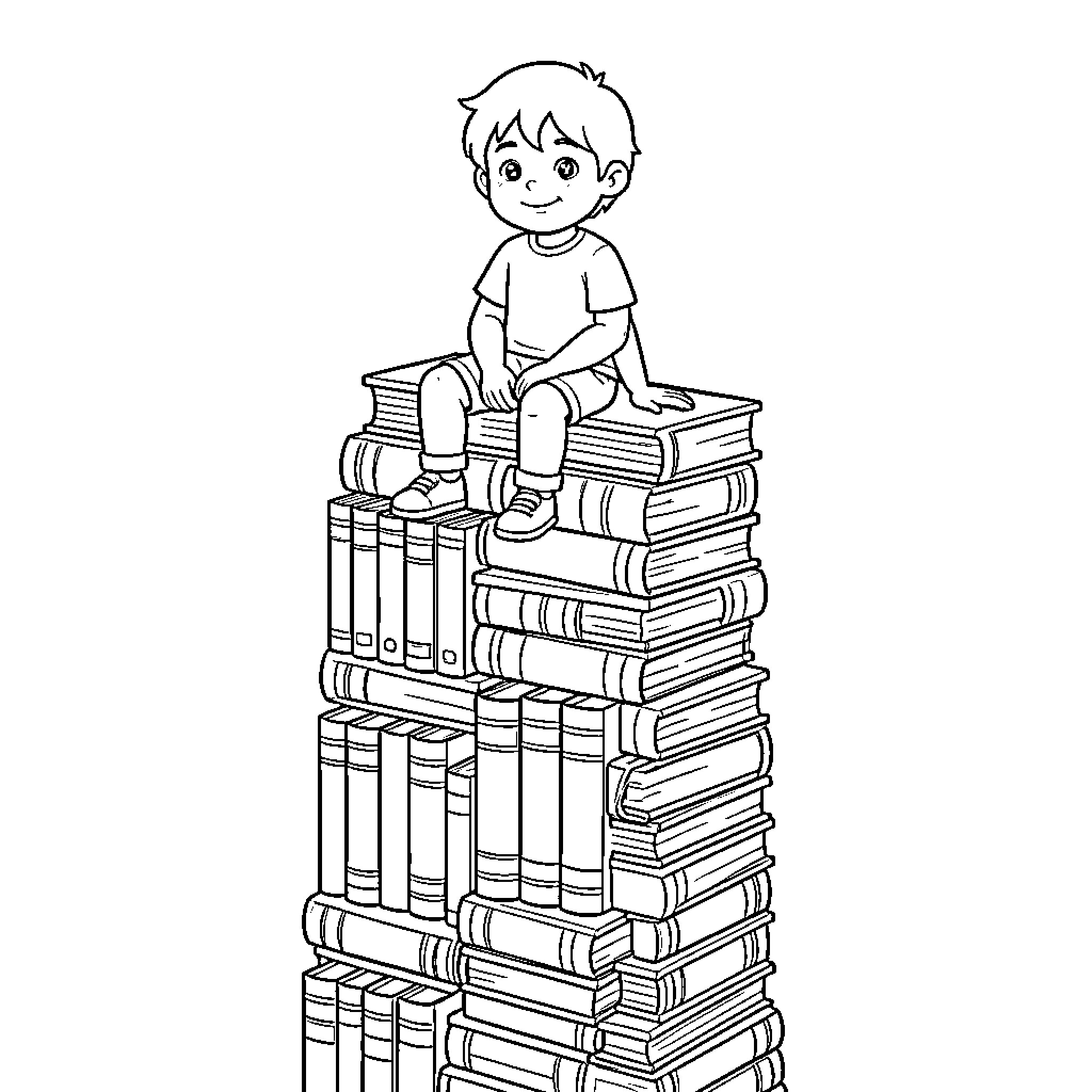Niño sitting atop a tower of books Coloring Page (free black-and-white line drawing printable PDF for all, from beginners to advanced learners, including children, teens, adults, and seniors)