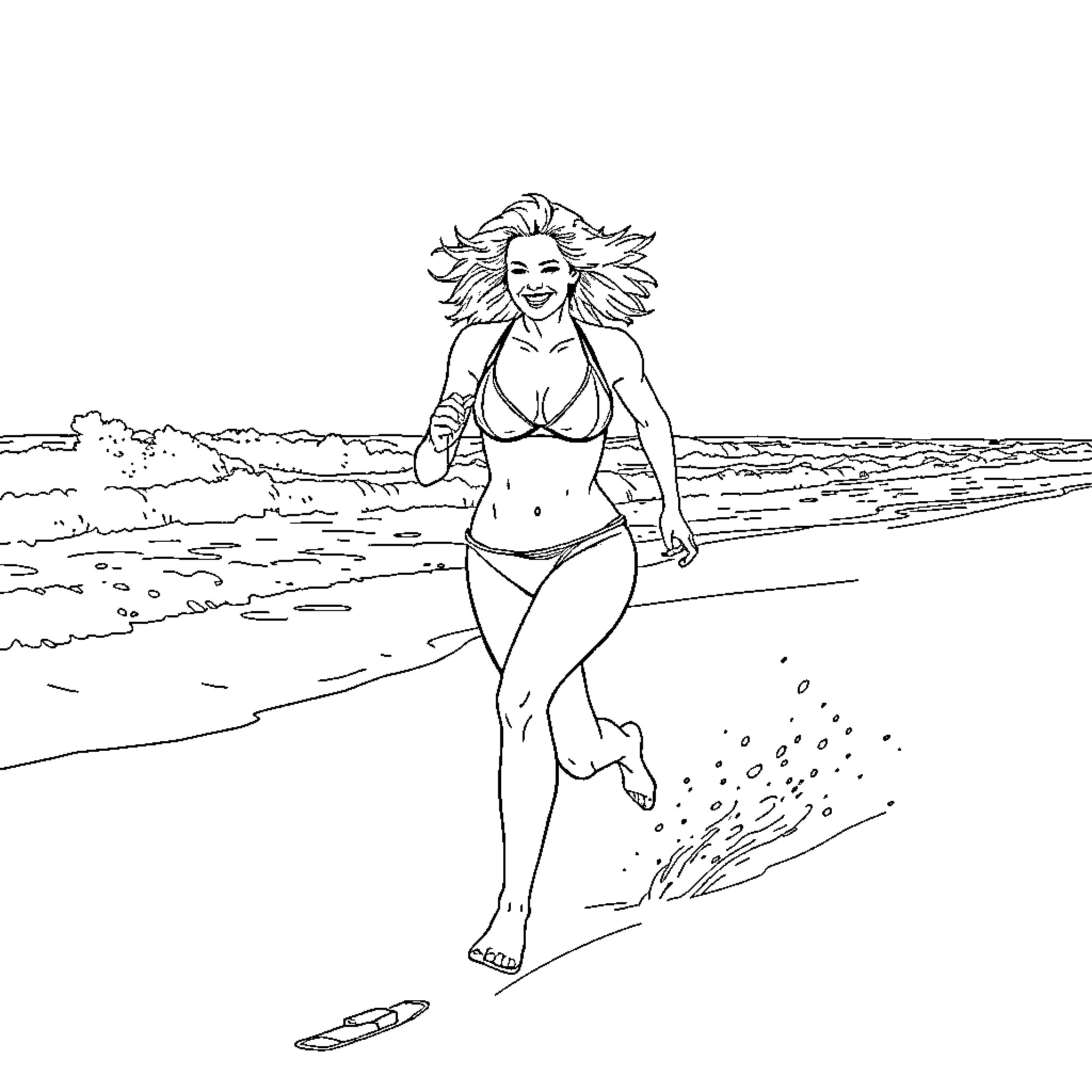 Pamela Anderson running on the beach in a swimsuit Coloring Page (free black-and-white line drawing printable PDF for all, from beginners to advanced learners, including children, teens, adults, and seniors)