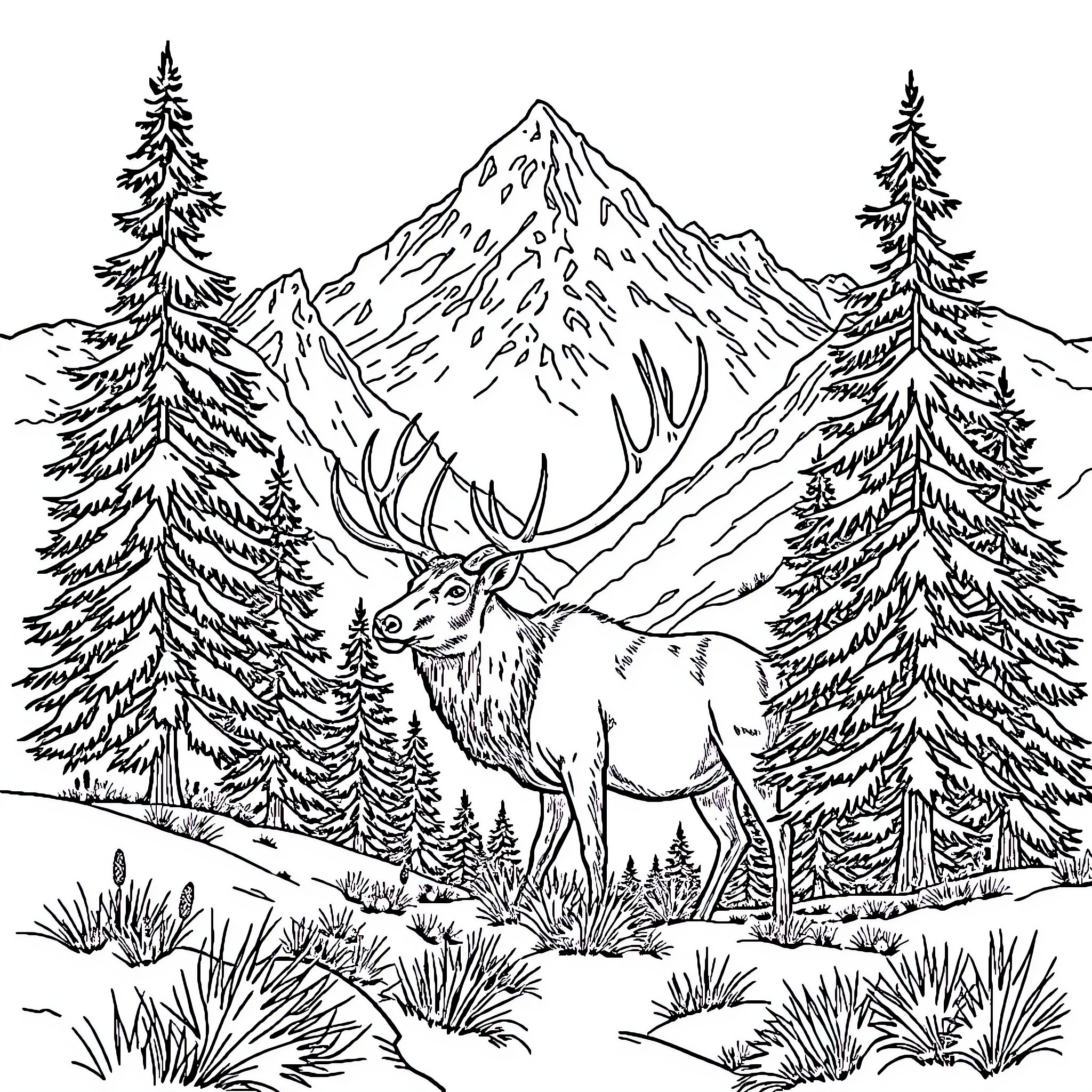 Elk standing in snowy mountain landscape Coloring Page (free black-and-white line drawing printable PDF for all, from beginners to advanced learners, including children, teens, adults, and seniors)