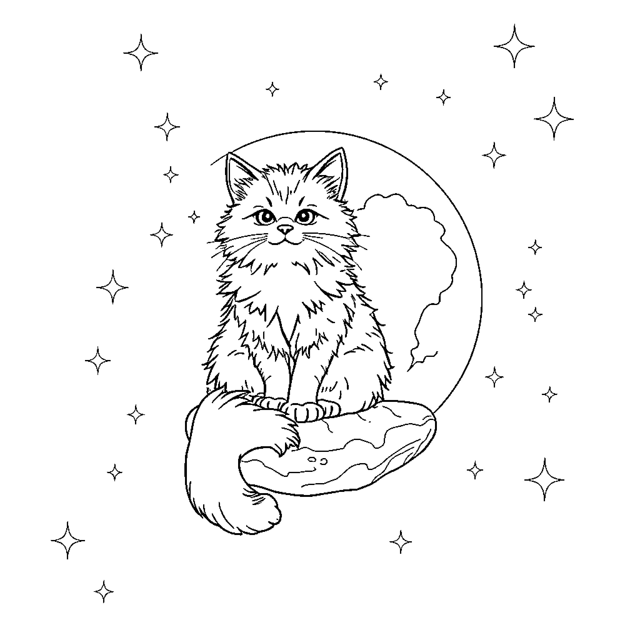 Cat gazing at the starry night sky Coloring Page (free black-and-white line drawing printable PDF for all, from beginners to advanced learners, including children, teens, adults, and seniors)