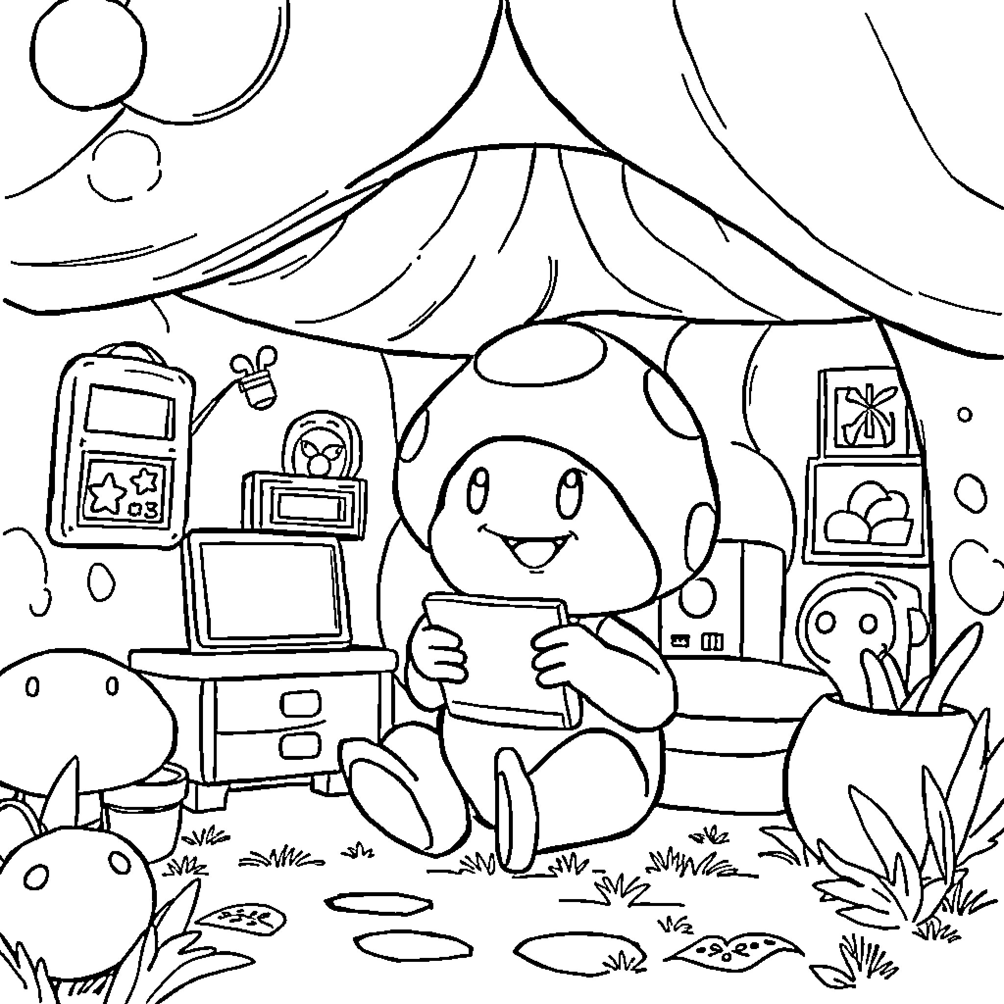 Toad enjoying a cozy home in the wilderness Coloring Page (free black-and-white line drawing printable PDF for all, from beginners to advanced learners, including children, teens, adults, and seniors)