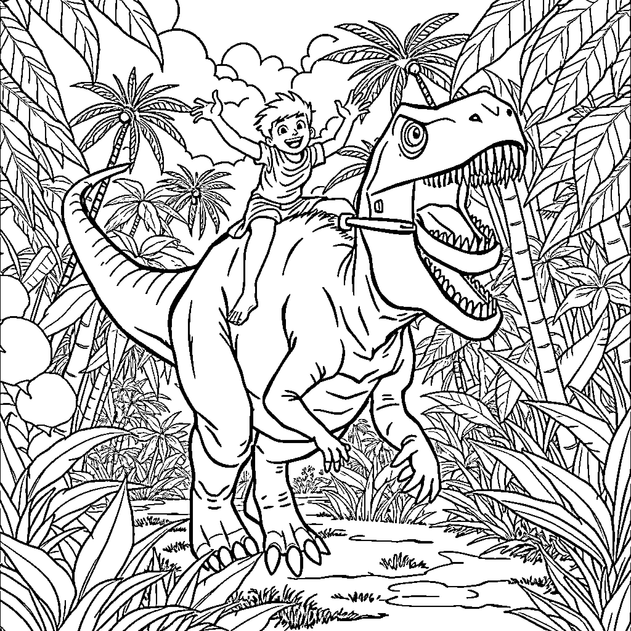 Avatar Riding a Dinosaur Through the Jungle Coloring Page (free black-and-white line drawing printable PDF for all, from beginners to advanced learners, including children, teens, adults, and seniors)