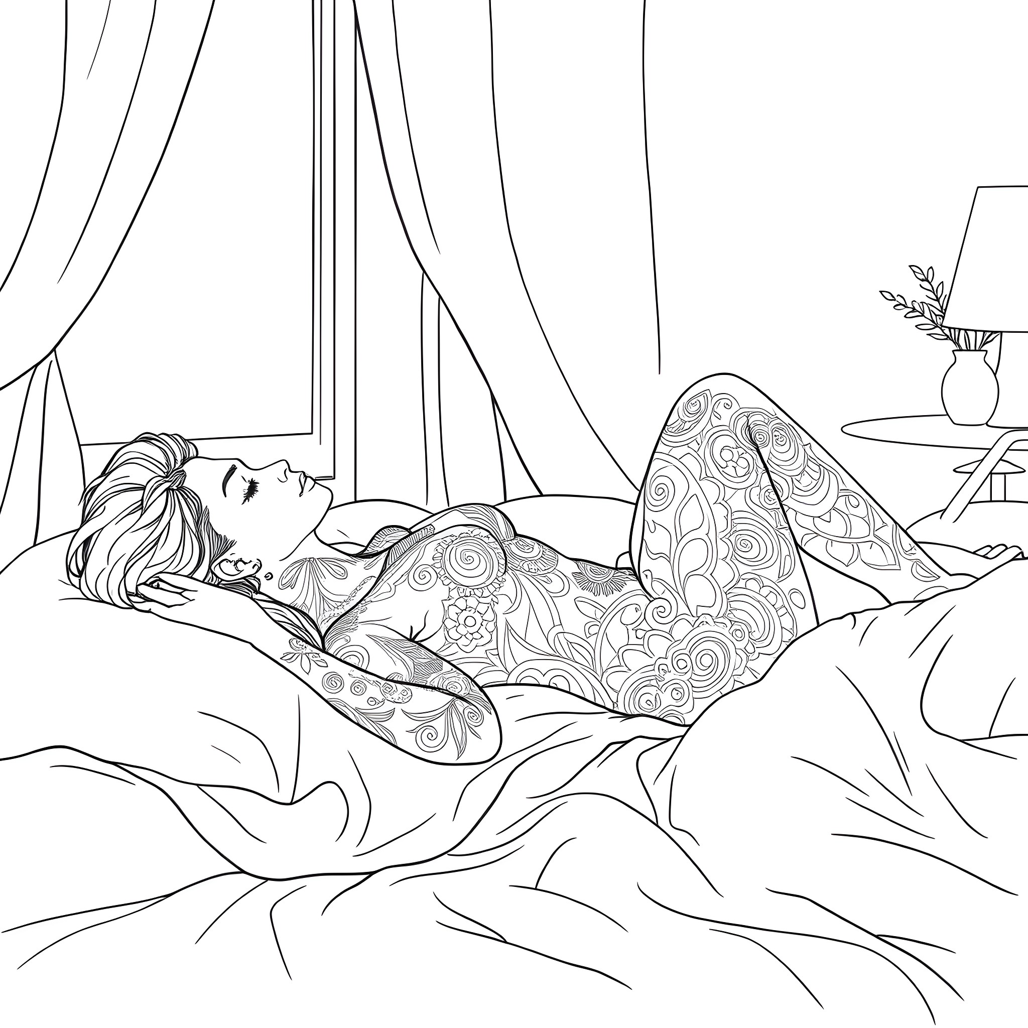 Woman resting peacefully in her bedroom Coloring Page (free black-and-white line drawing printable PDF for all, from beginners to advanced learners, including children, teens, adults, and seniors)