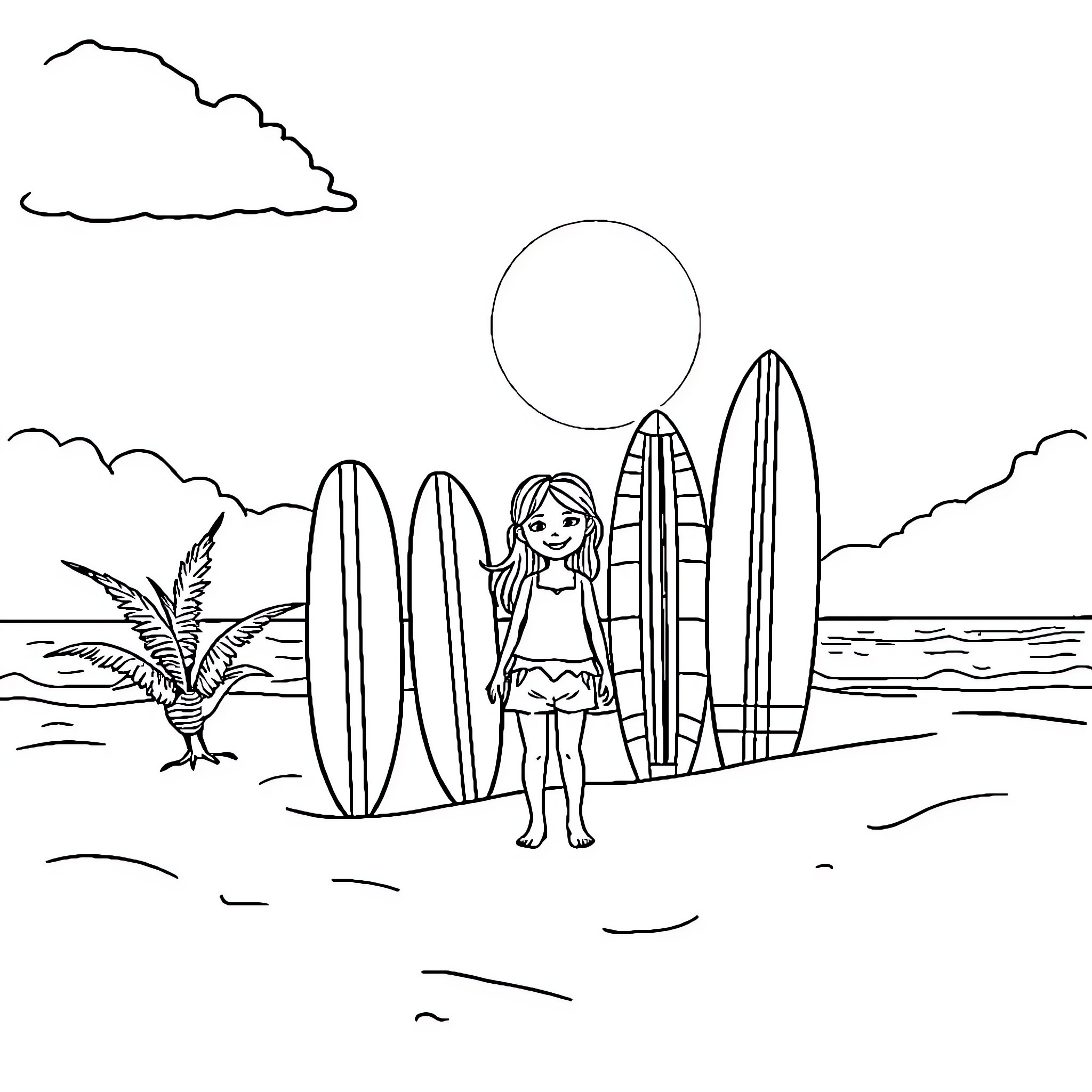Beach scene with surfboards and a girl Coloring Page (free black-and-white line drawing printable PDF for all, from beginners to advanced learners, including children, teens, adults, and seniors)