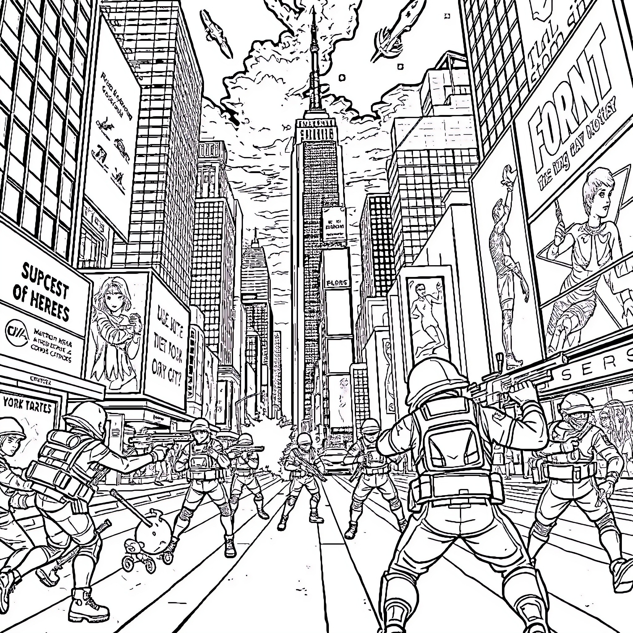 Fortnite characters in bustling city scene Coloring Page (free black-and-white line drawing printable PDF for all, from beginners to advanced learners, including children, teens, adults, and seniors)