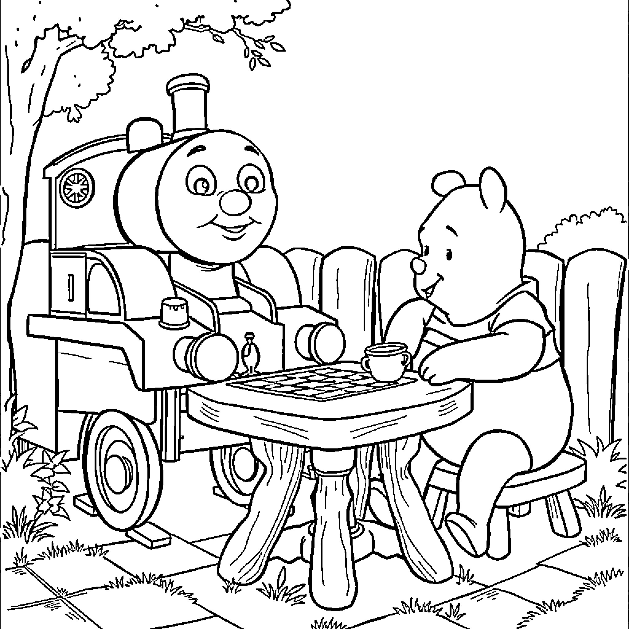 Thomas and his friend enjoy a picnic by the train Coloring Page (free black-and-white line drawing printable PDF for all, from beginners to advanced learners, including children, teens, adults, and seniors)