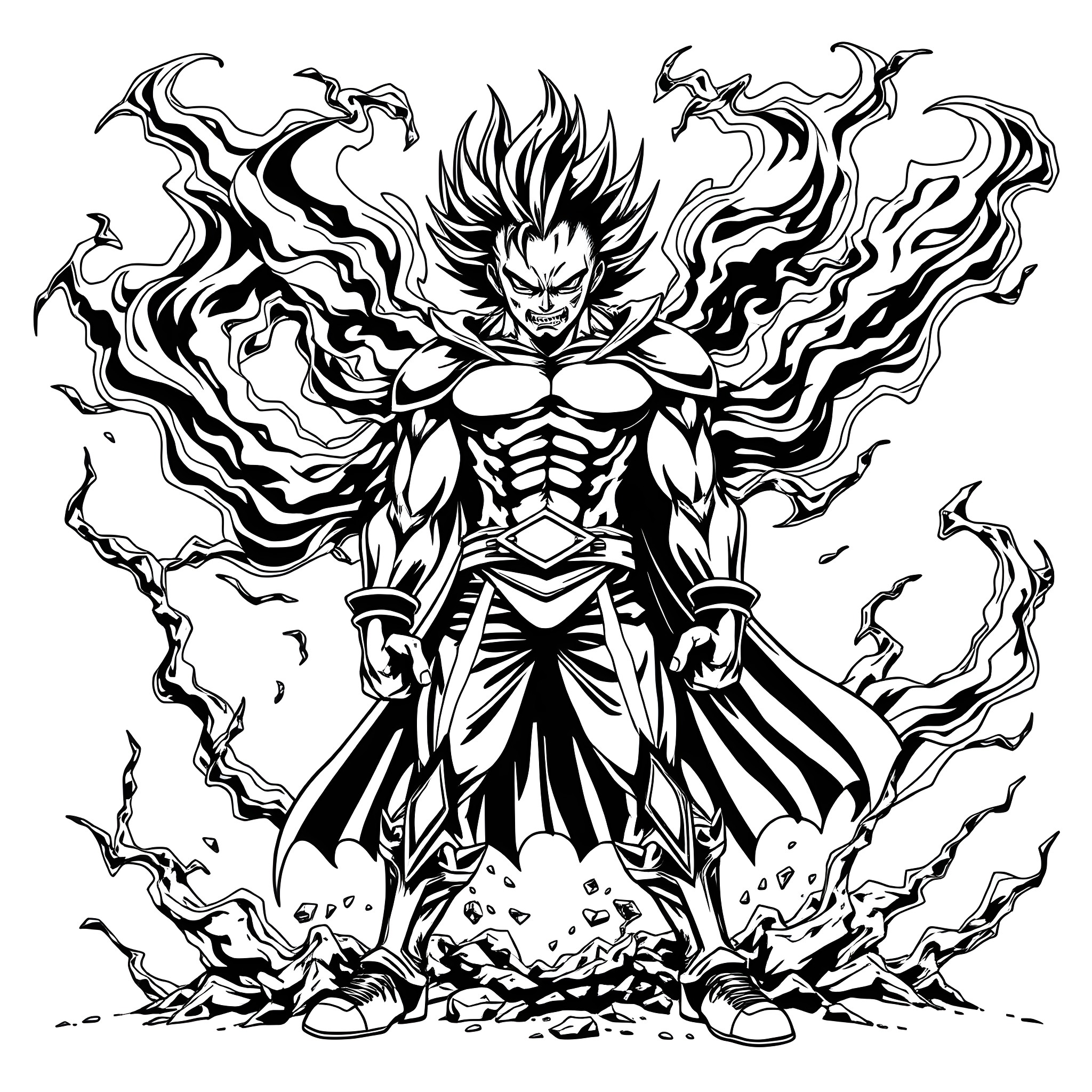 One Powerful Warrior Erupting with Fierce Energy Coloring Page (free black-and-white line drawing printable PDF for all, from beginners to advanced learners, including children, teens, adults, and seniors)