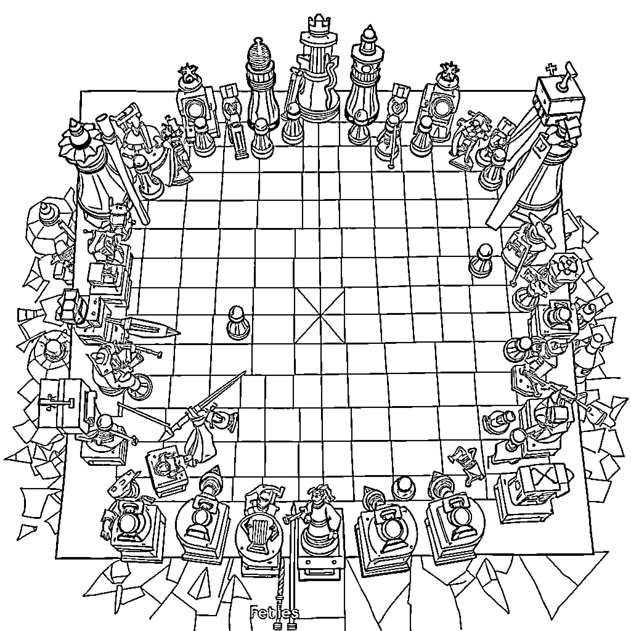 Chessboard with Whimsical Chess Pieces Coloring Page (free black-and-white line drawing printable PDF for all, from beginners to advanced learners, including children, teens, adults, and seniors)