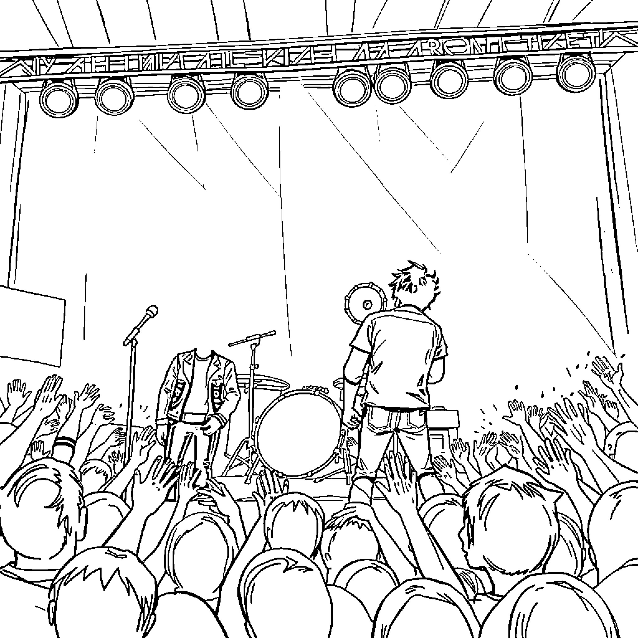 My Chemical Romance: Electrifying Rock Performance on Stage Coloring Page (free black-and-white line drawing printable PDF for all, from beginners to advanced learners, including children, teens, adults, and seniors)