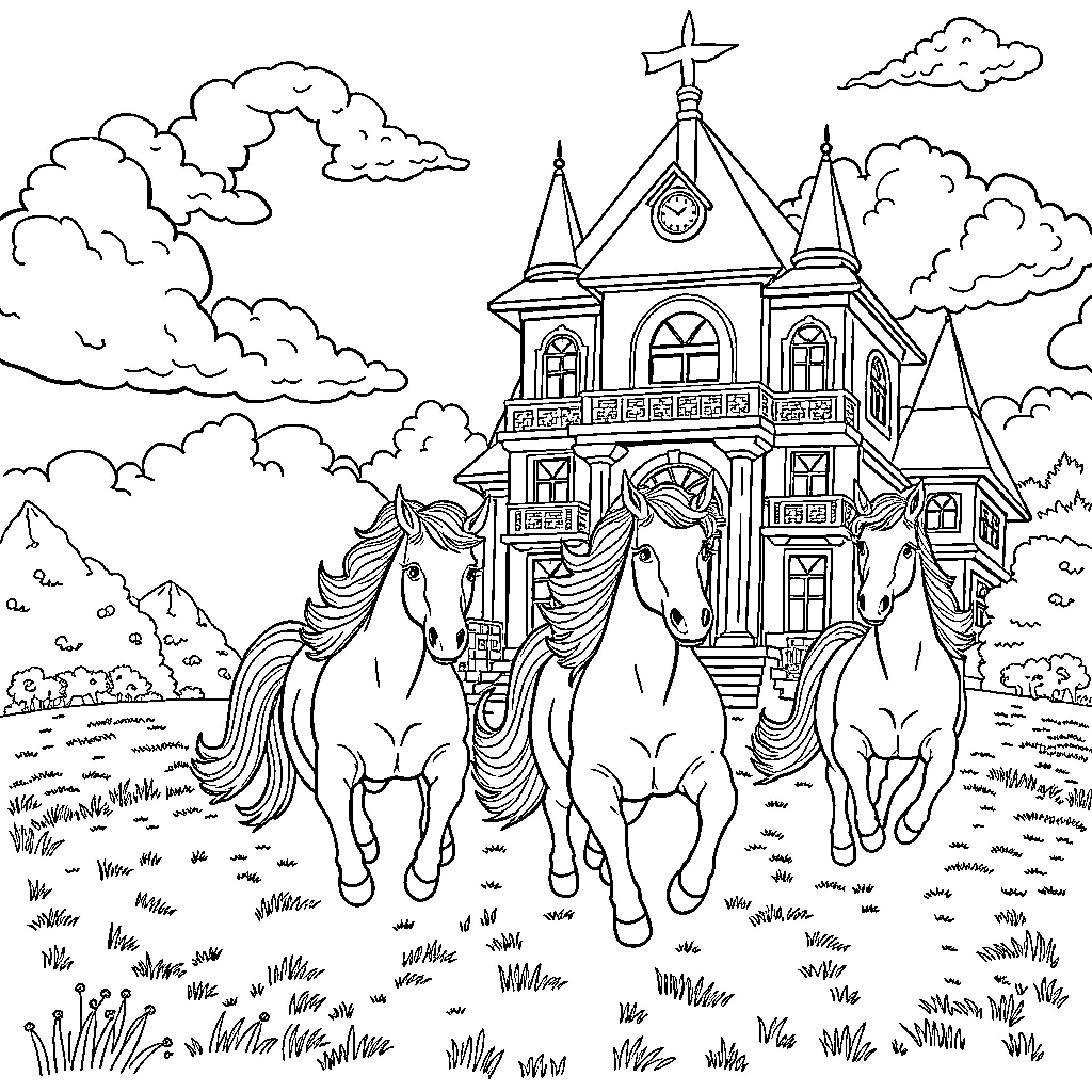 Unicorn trio galloping in front of a grand palace Coloring Page (free black-and-white line drawing printable PDF for all, from beginners to advanced learners, including children, teens, adults, and seniors)