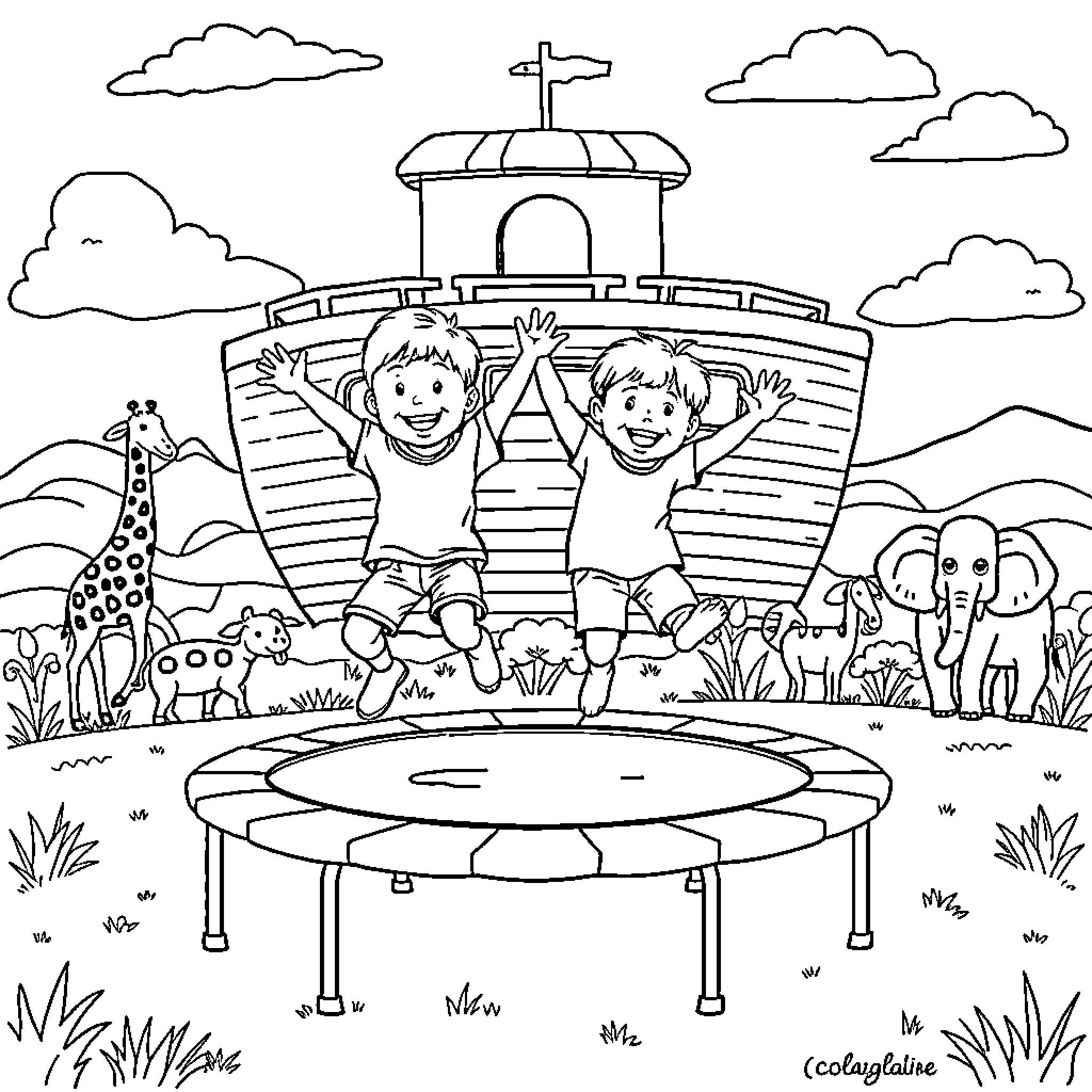 Brothers playing joyfully on a trampoline with animals Coloring Page (free black-and-white line drawing printable PDF for all, from beginners to advanced learners, including children, teens, adults, and seniors)