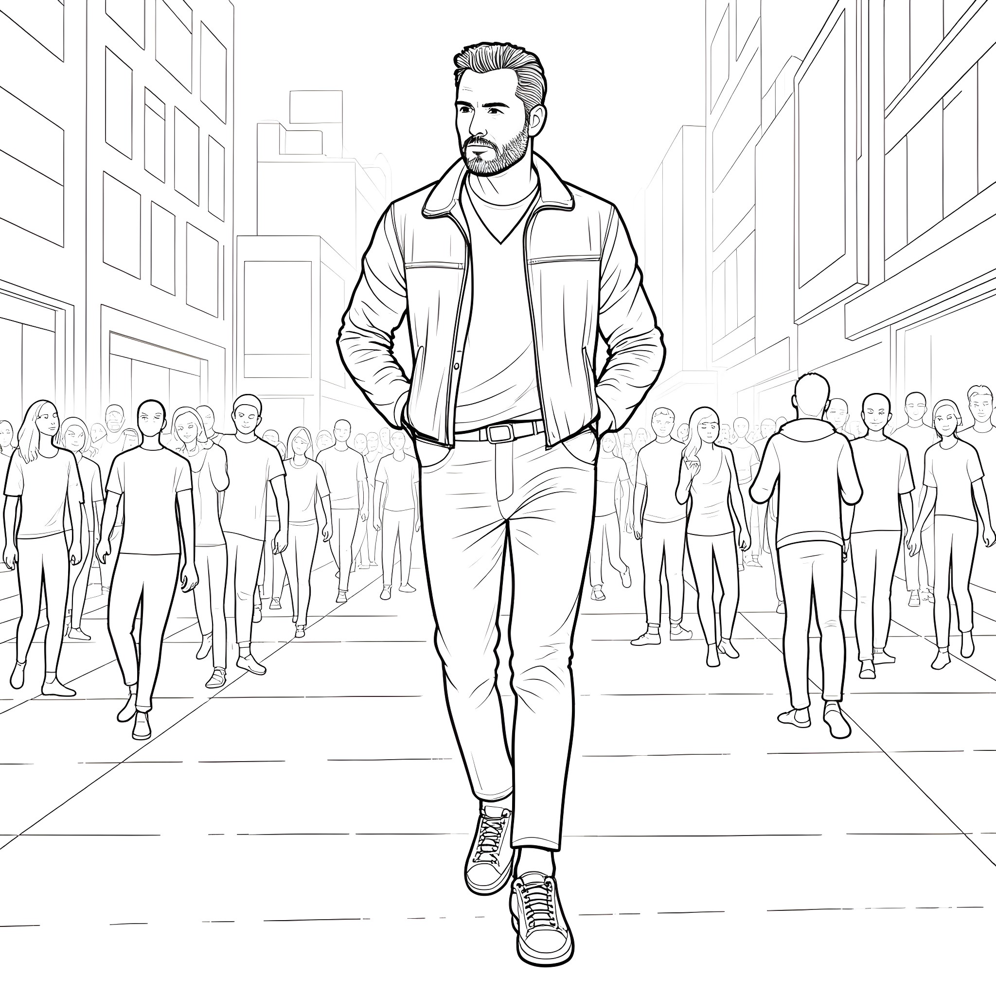 Ben Affleck walking confidently through a busy city street Coloring Page (free black-and-white line drawing printable PDF for all, from beginners to advanced learners, including children, teens, adults, and seniors)