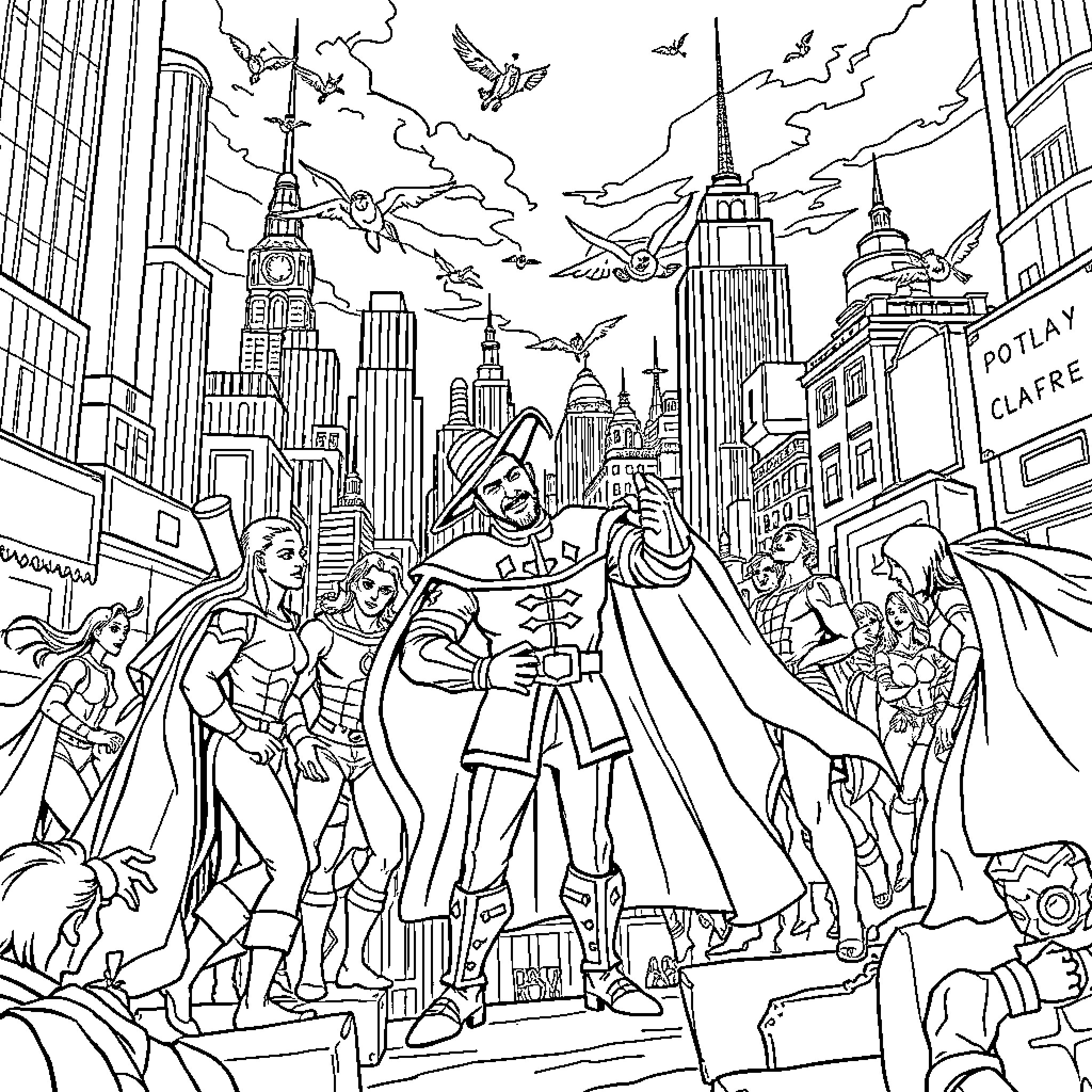 Don Quijote and his Companions Adventuring through the City Coloring Page (free black-and-white line drawing printable PDF for all, from beginners to advanced learners, including children, teens, adults, and seniors)