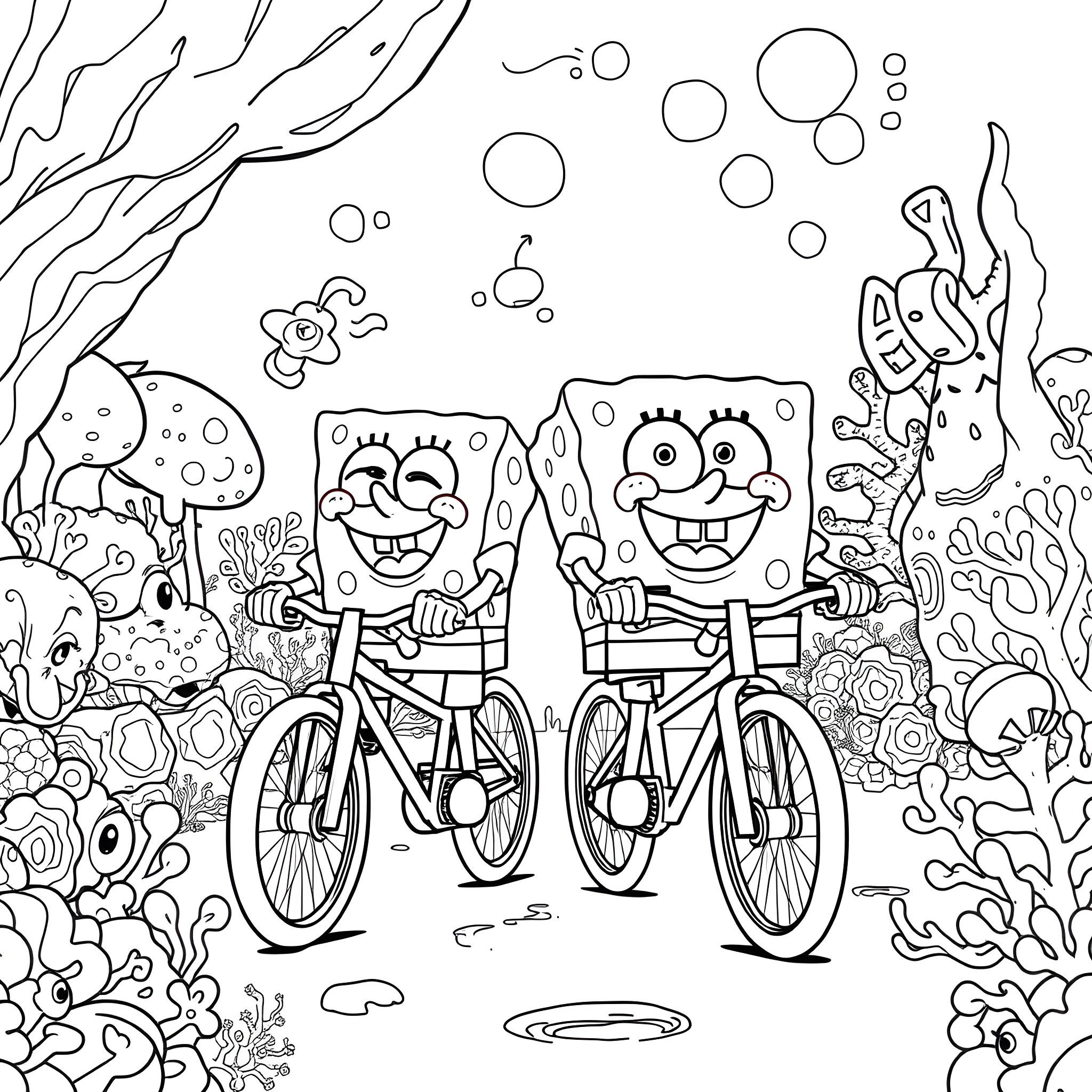 Spongebob and Patrick Biking in Underwater Wonderland Coloring Page (free black-and-white line drawing printable PDF for all, from beginners to advanced learners, including children, teens, adults, and seniors)