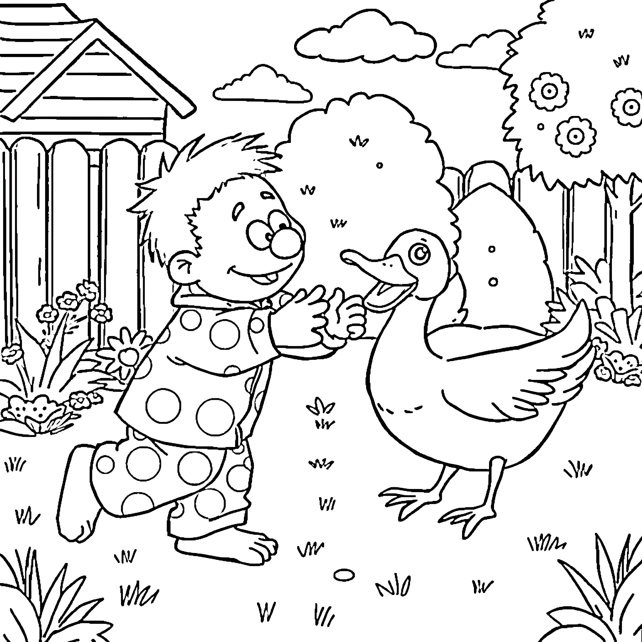 Ernie playing with a duck in the backyard Coloring Page (free black-and-white line drawing printable PDF for all, from beginners to advanced learners, including children, teens, adults, and seniors)