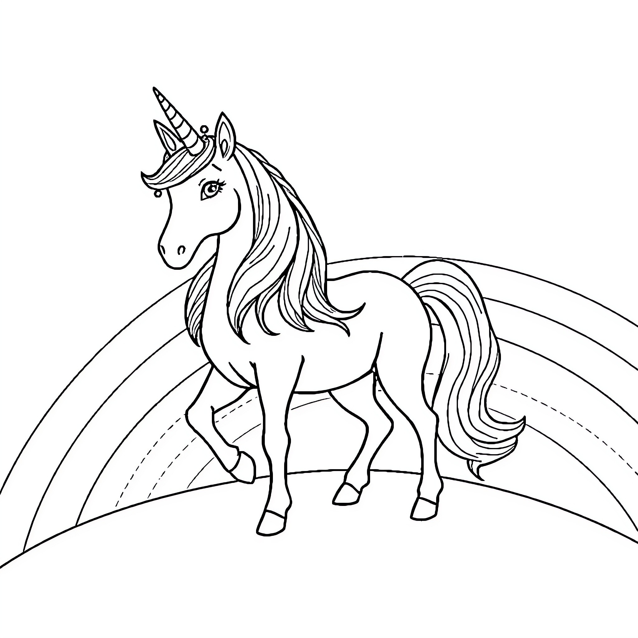 Unicorn standing before a rainbow Coloring Page (free black-and-white line drawing printable PDF for all, from beginners to advanced learners, including children, teens, adults, and seniors)