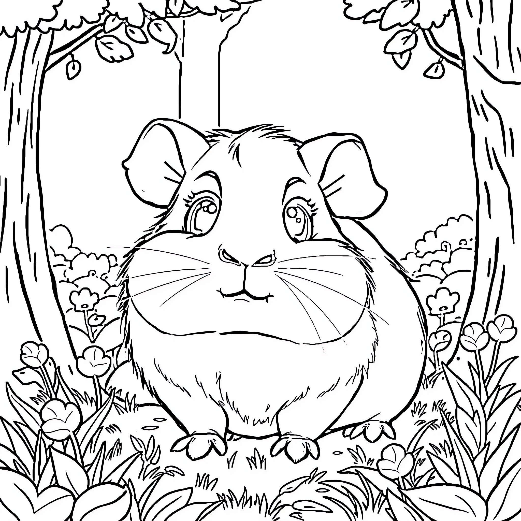 Guinea Pig exploring the enchanted forest Coloring Page (free black-and-white line drawing printable PDF for all, from beginners to advanced learners, including children, teens, adults, and seniors)