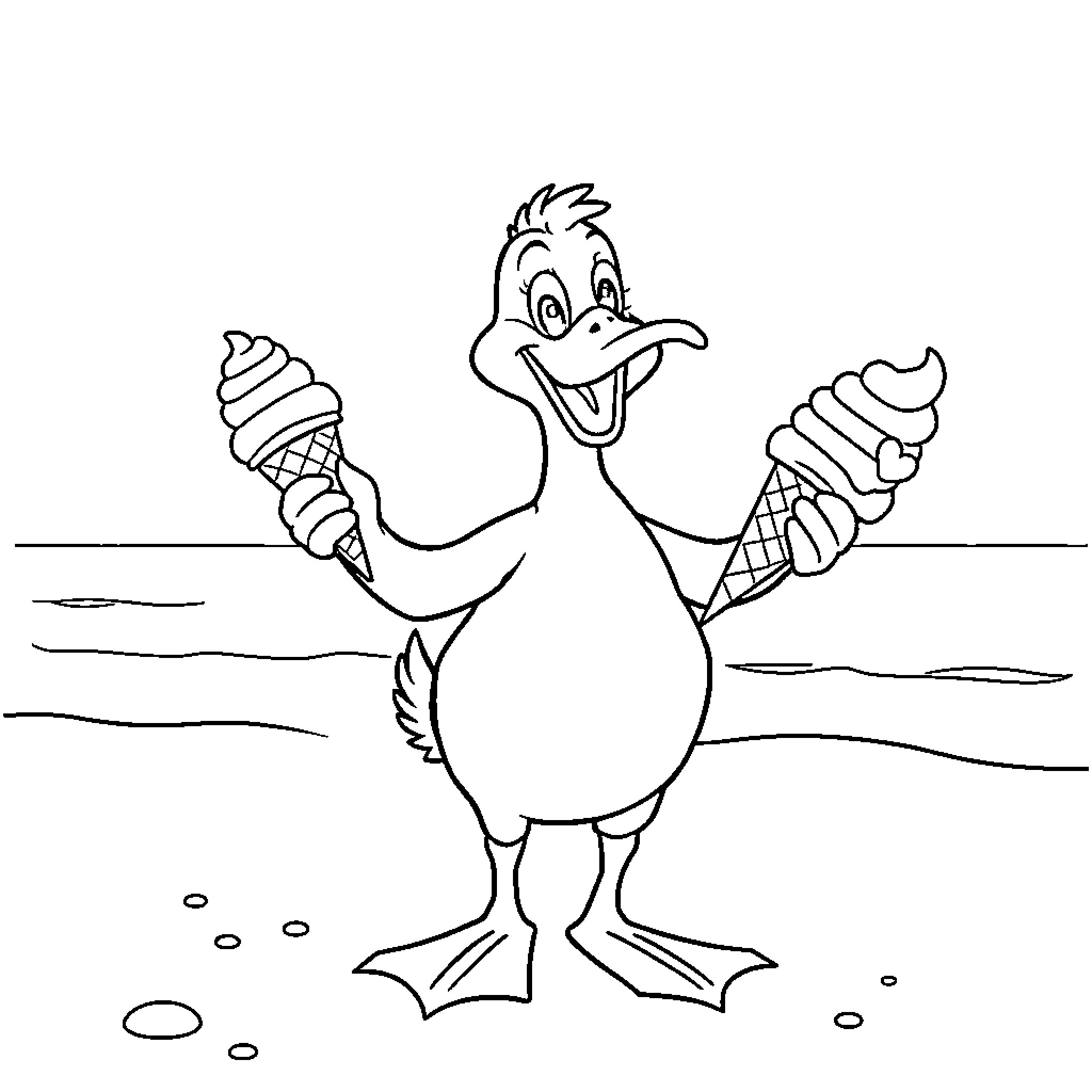 Duck enjoying ice cream on the beach Coloring Page (free black-and-white line drawing printable PDF for all, from beginners to advanced learners, including children, teens, adults, and seniors)