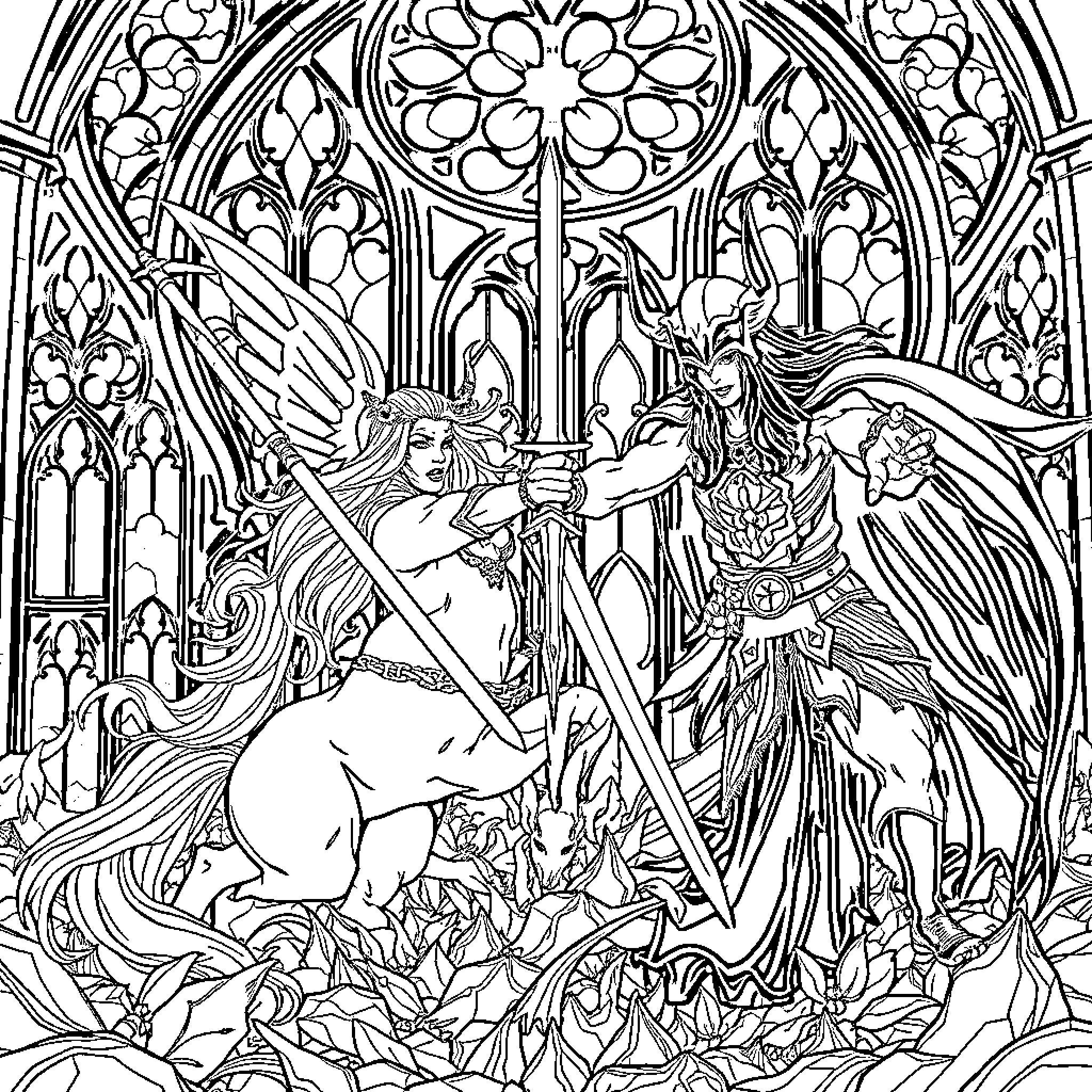 Huntrix: Mythical Creatures Clashing in Stained Glass Grandeur Coloring Page (free black-and-white line drawing printable PDF for all, from beginners to advanced learners, including children, teens, adults, and seniors)