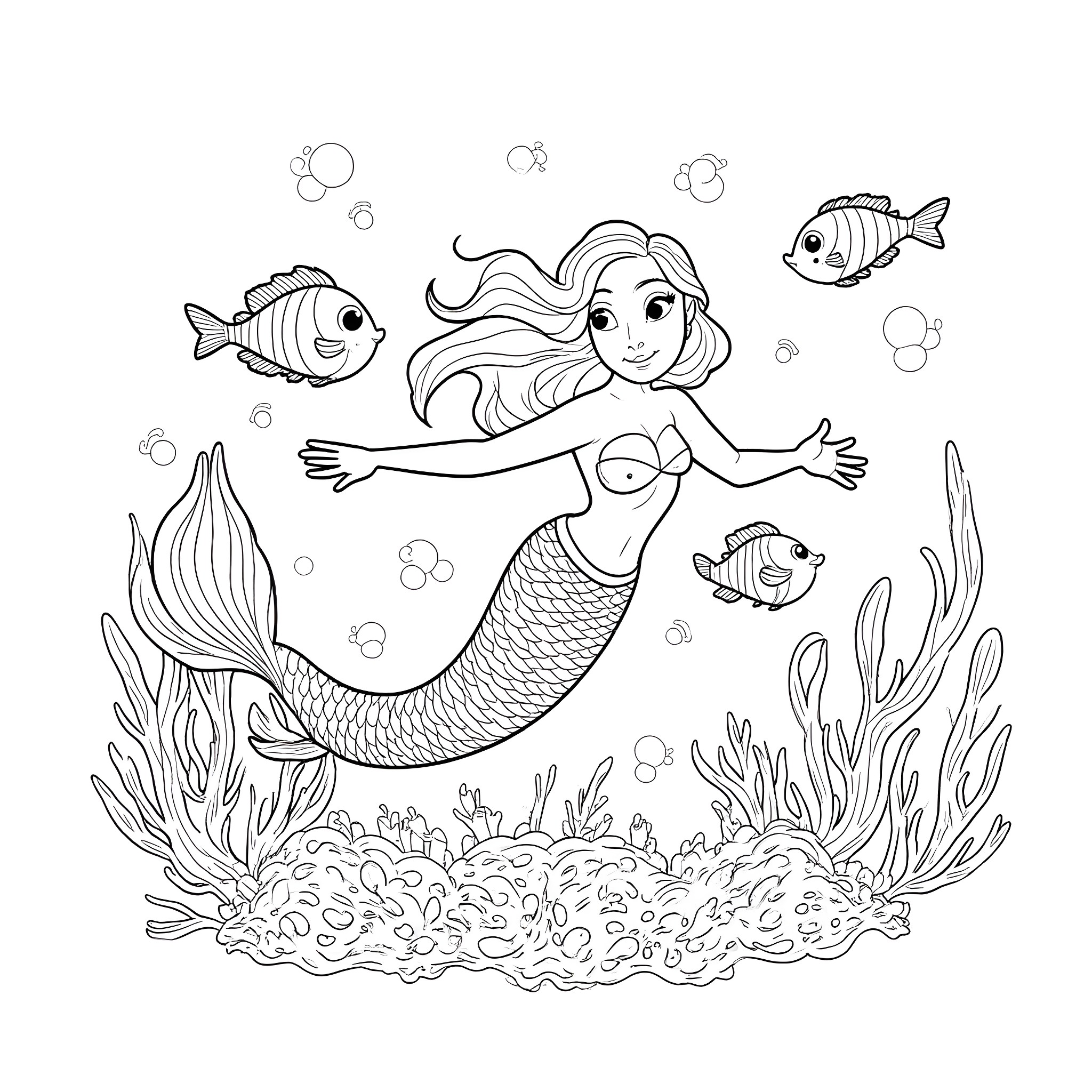 Mermaid swimming joyfully among marine life Coloring Page (free black-and-white line drawing printable PDF for all, from beginners to advanced learners, including children, teens, adults, and seniors)