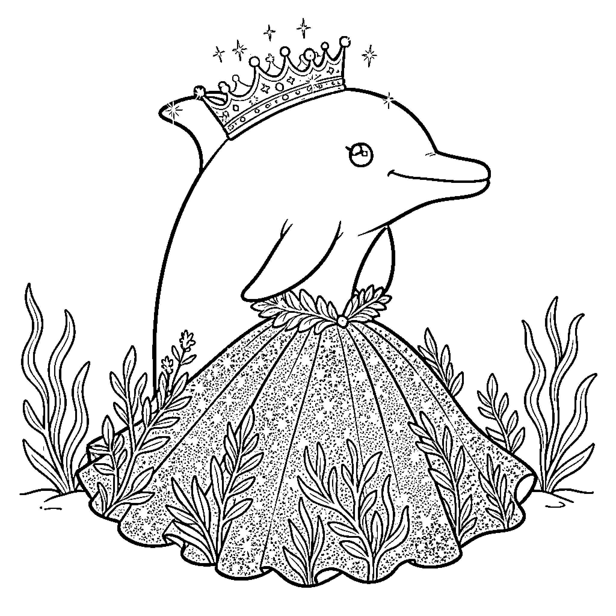 Dolphin wearing a crown with floral dress in the ocean Coloring Page (free black-and-white line drawing printable PDF for all, from beginners to advanced learners, including children, teens, adults, and seniors)
