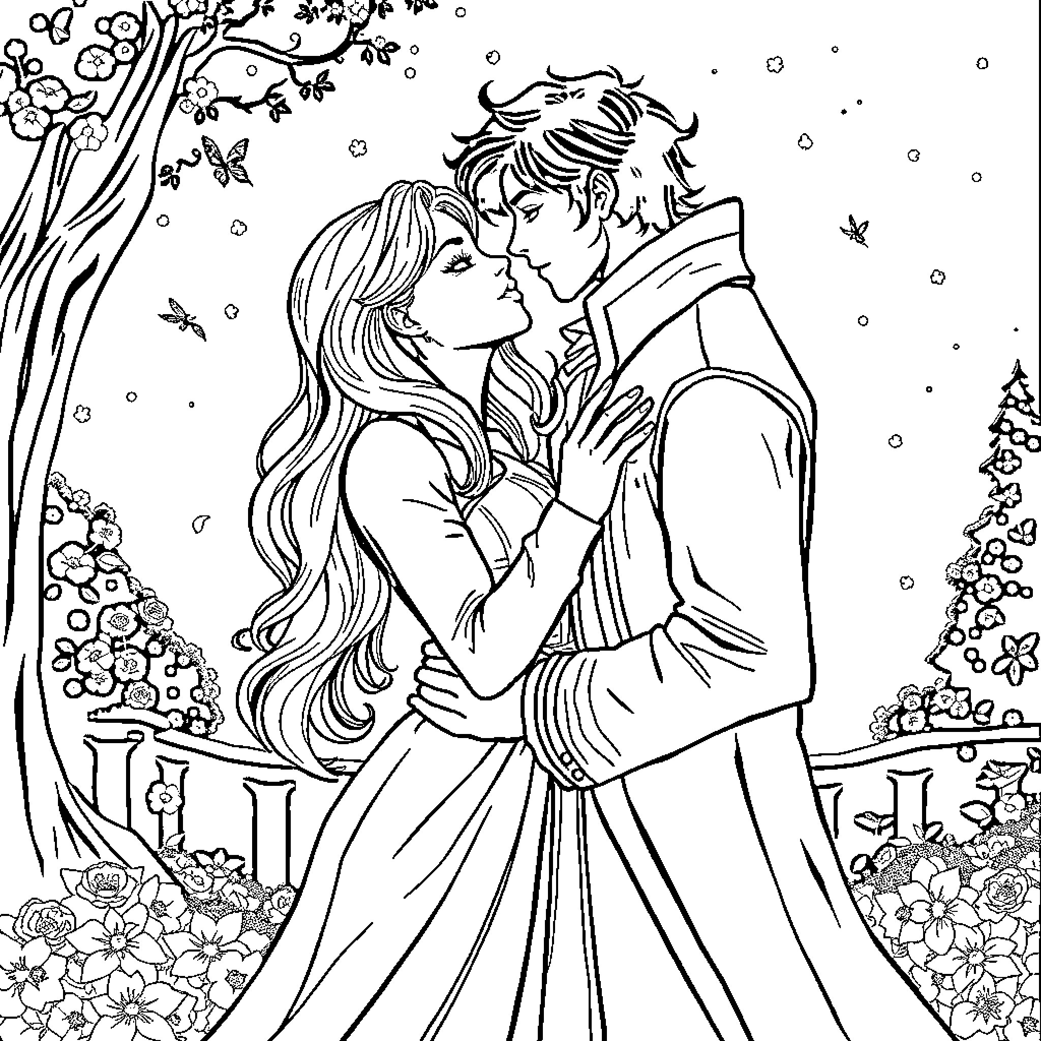 Drama of Romantic Couple in Floral Garden Coloring Page (free black-and-white line drawing printable PDF for all, from beginners to advanced learners, including children, teens, adults, and seniors)