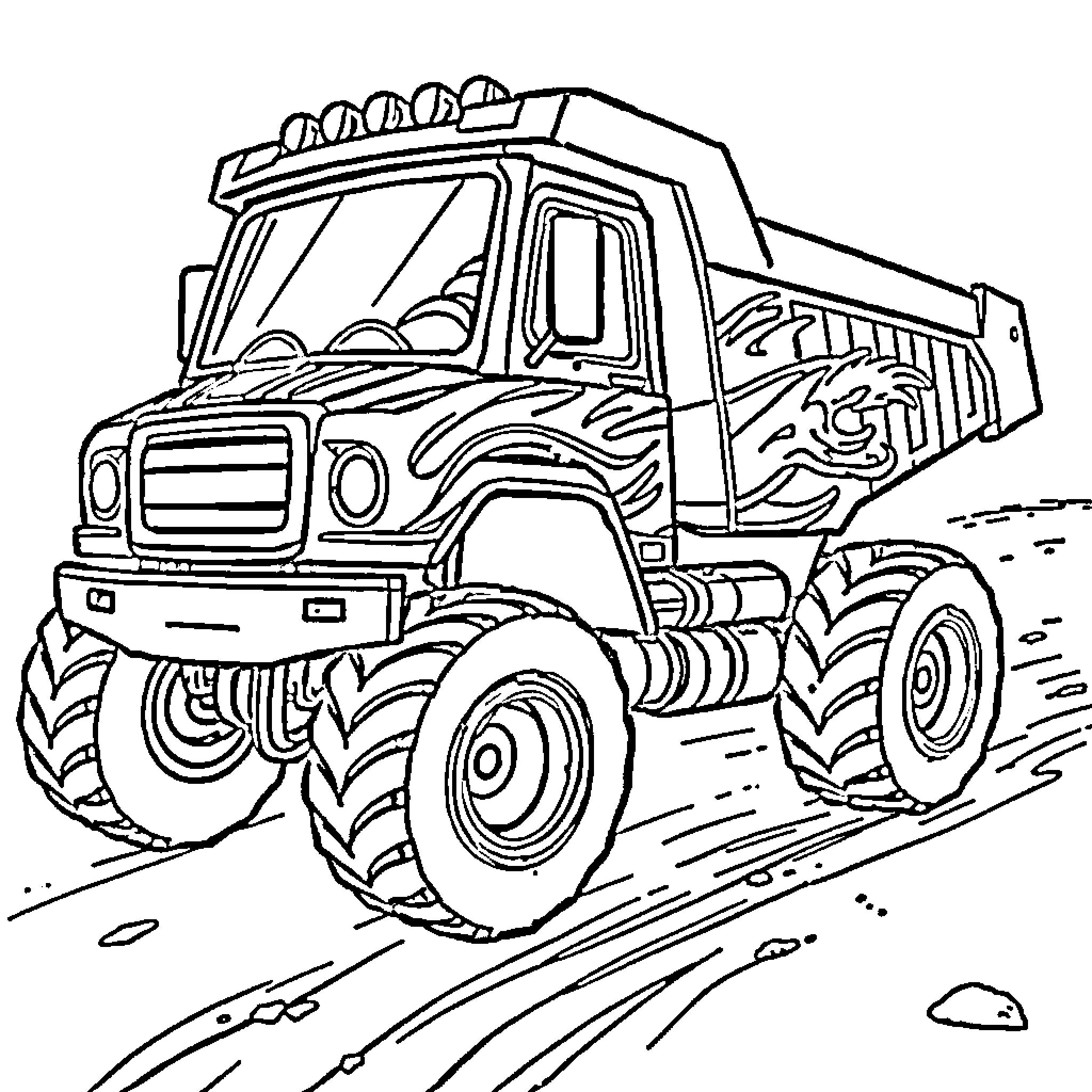 Race Car Dump Truck Speeding on the Road Coloring Page (free black-and-white line drawing printable PDF for all, from beginners to advanced learners, including children, teens, adults, and seniors)