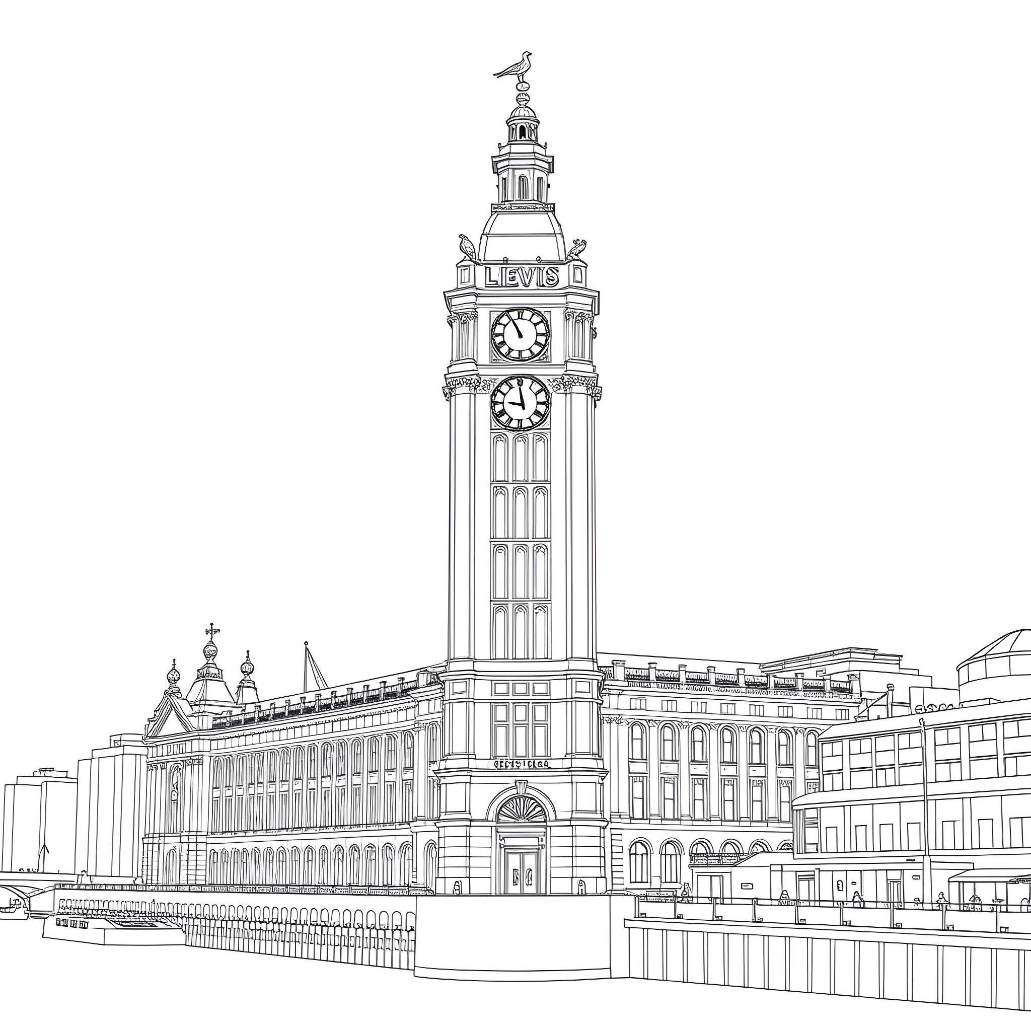 Liver Building featuring architectural details and clock tower Coloring Page (free black-and-white line drawing printable PDF for all, from beginners to advanced learners, including children, teens, adults, and seniors)