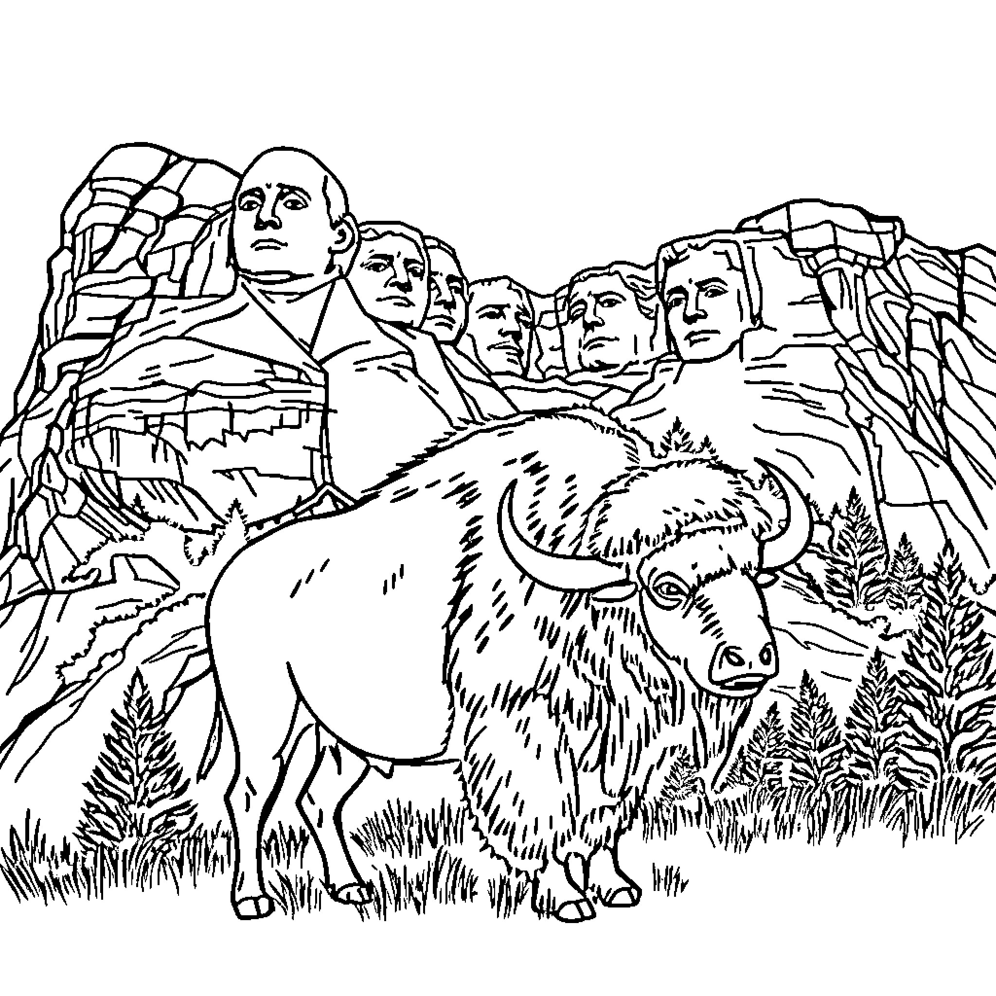 Buffalo in front of famous American monument Coloring Page (free black-and-white line drawing printable PDF for all, from beginners to advanced learners, including children, teens, adults, and seniors)