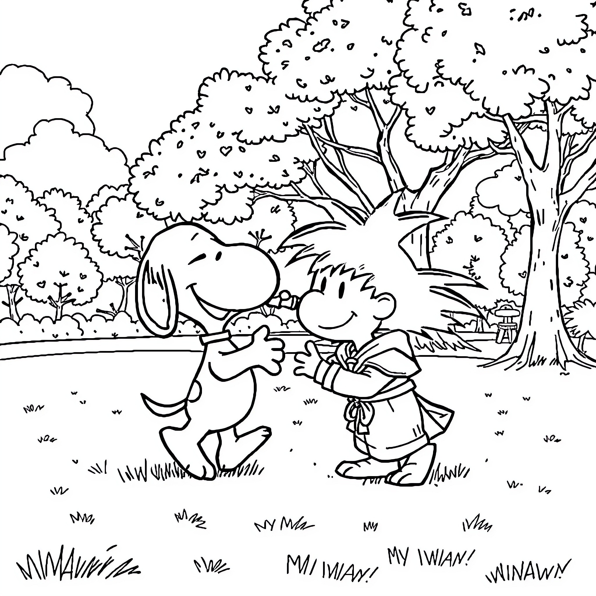 Snoopy and Charlie Brown playing in the park Coloring Page (free black-and-white line drawing printable PDF for all, from beginners to advanced learners, including children, teens, adults, and seniors)