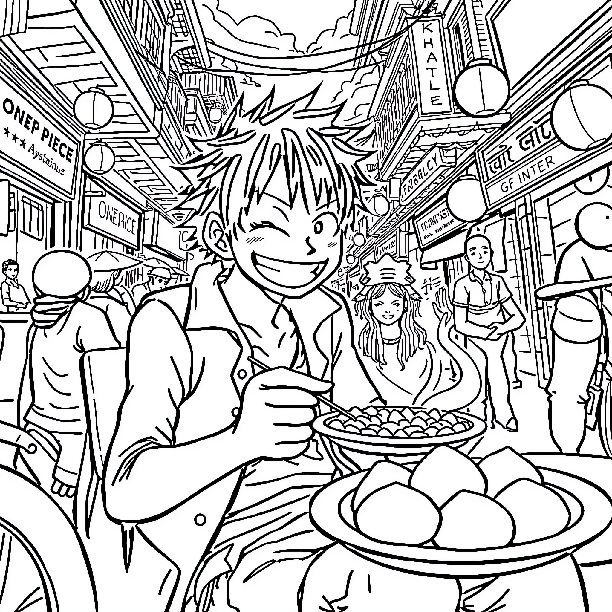 Luffy's Culinary Adventure in the Bustling City Coloring Page (free black-and-white line drawing printable PDF for all, from beginners to advanced learners, including children, teens, adults, and seniors)
