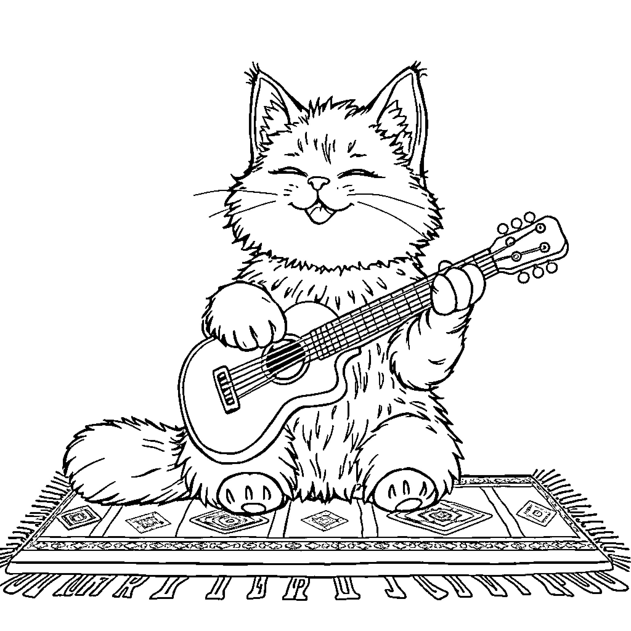 Cat playing guitar on a patterned rug Coloring Page (free black-and-white line drawing printable PDF for all, from beginners to advanced learners, including children, teens, adults, and seniors)