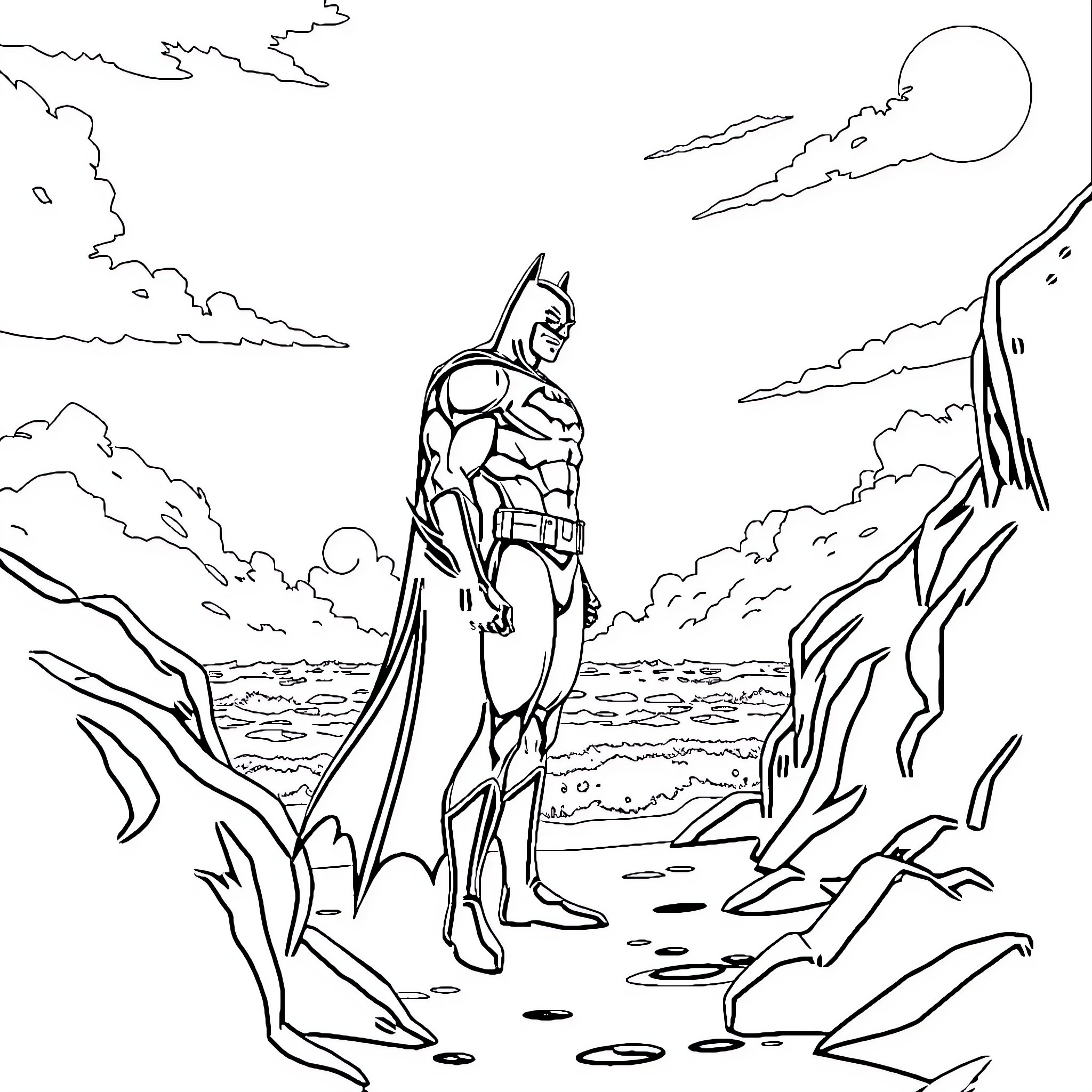 Batman standing heroically in a dramatic landscape Coloring Page (free black-and-white line drawing printable PDF for all, from beginners to advanced learners, including children, teens, adults, and seniors)