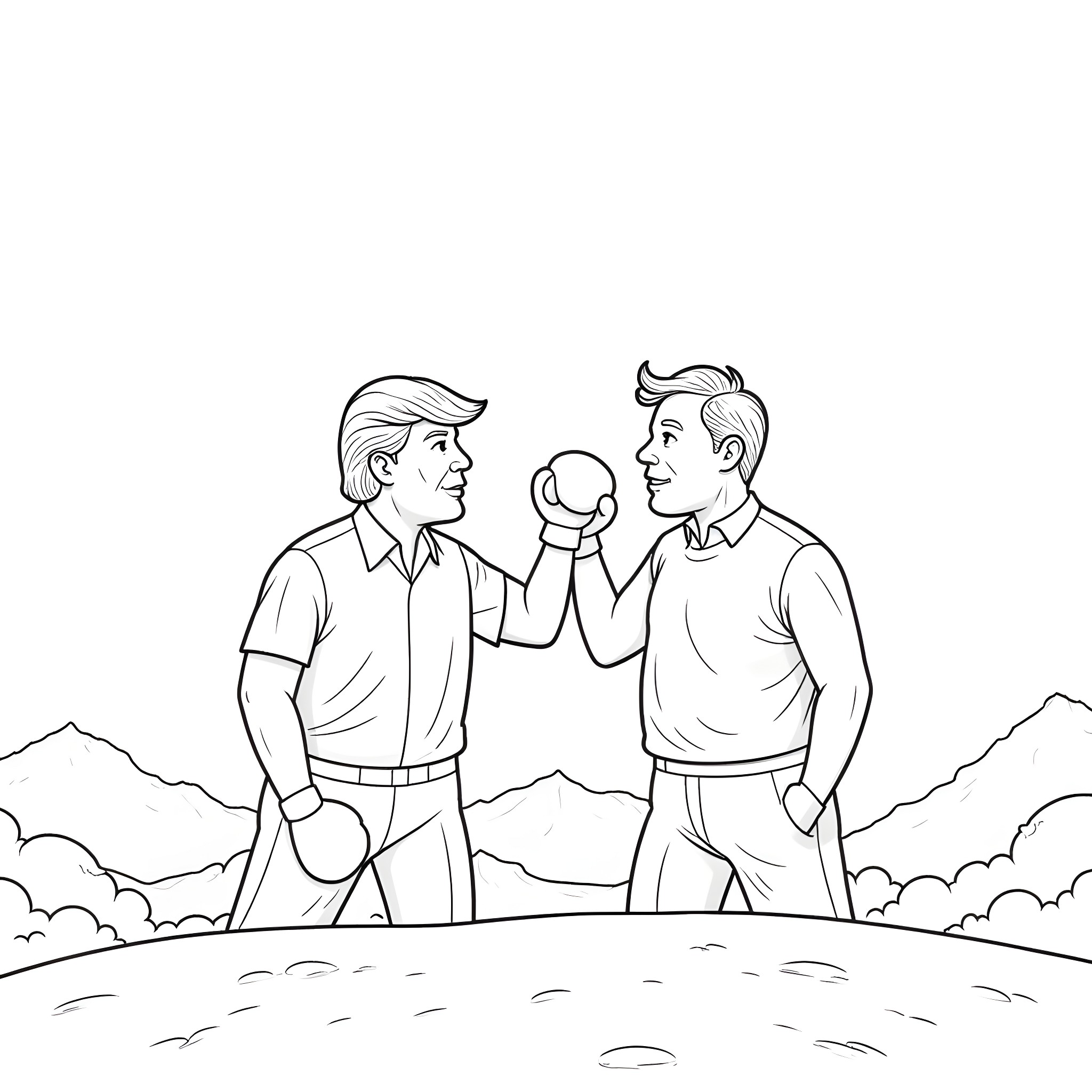 Donald Trump and an opponent shaking hands in a field Coloring Page (free black-and-white line drawing printable PDF for all, from beginners to advanced learners, including children, teens, adults, and seniors)
