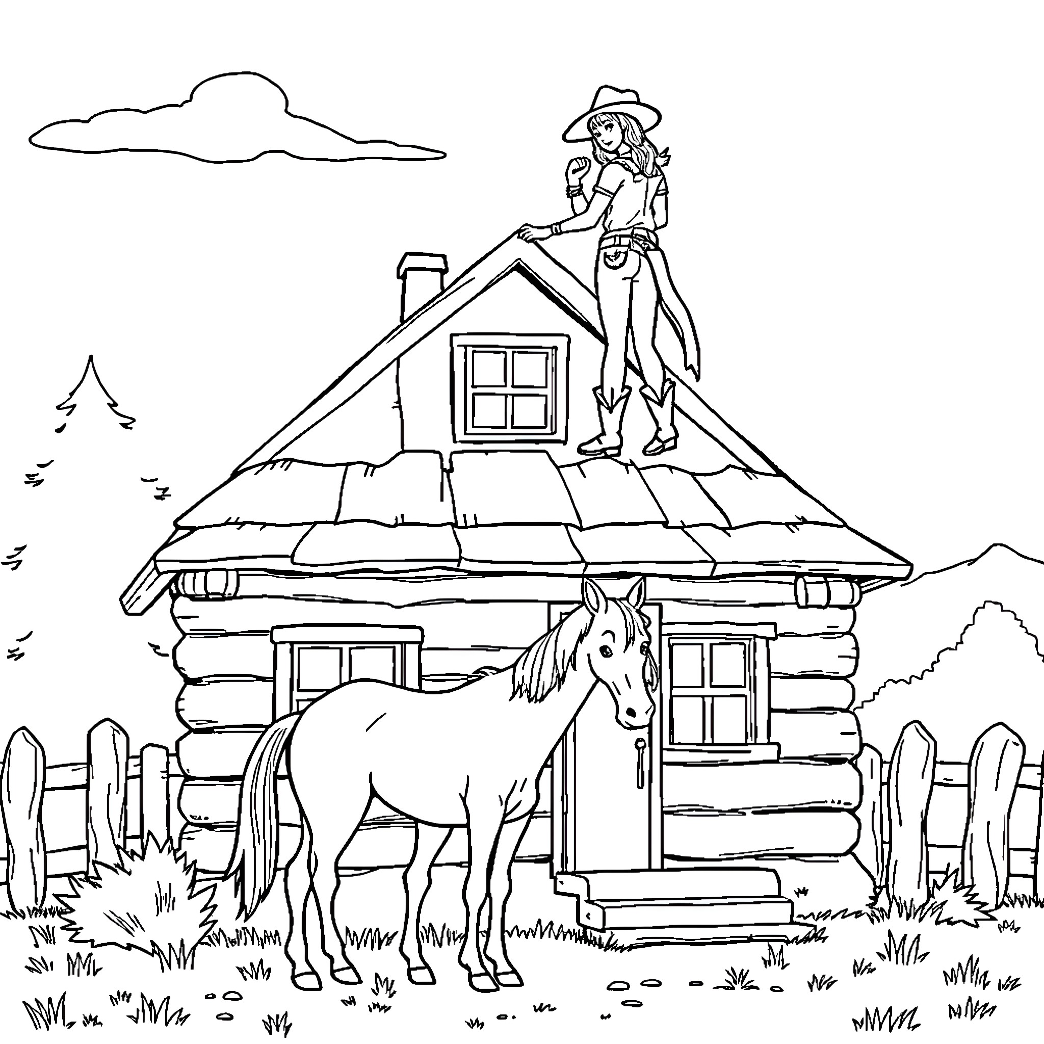 Cowgirl and horse near rustic cabin Coloring Page (free black-and-white line drawing printable PDF for all, from beginners to advanced learners, including children, teens, adults, and seniors)