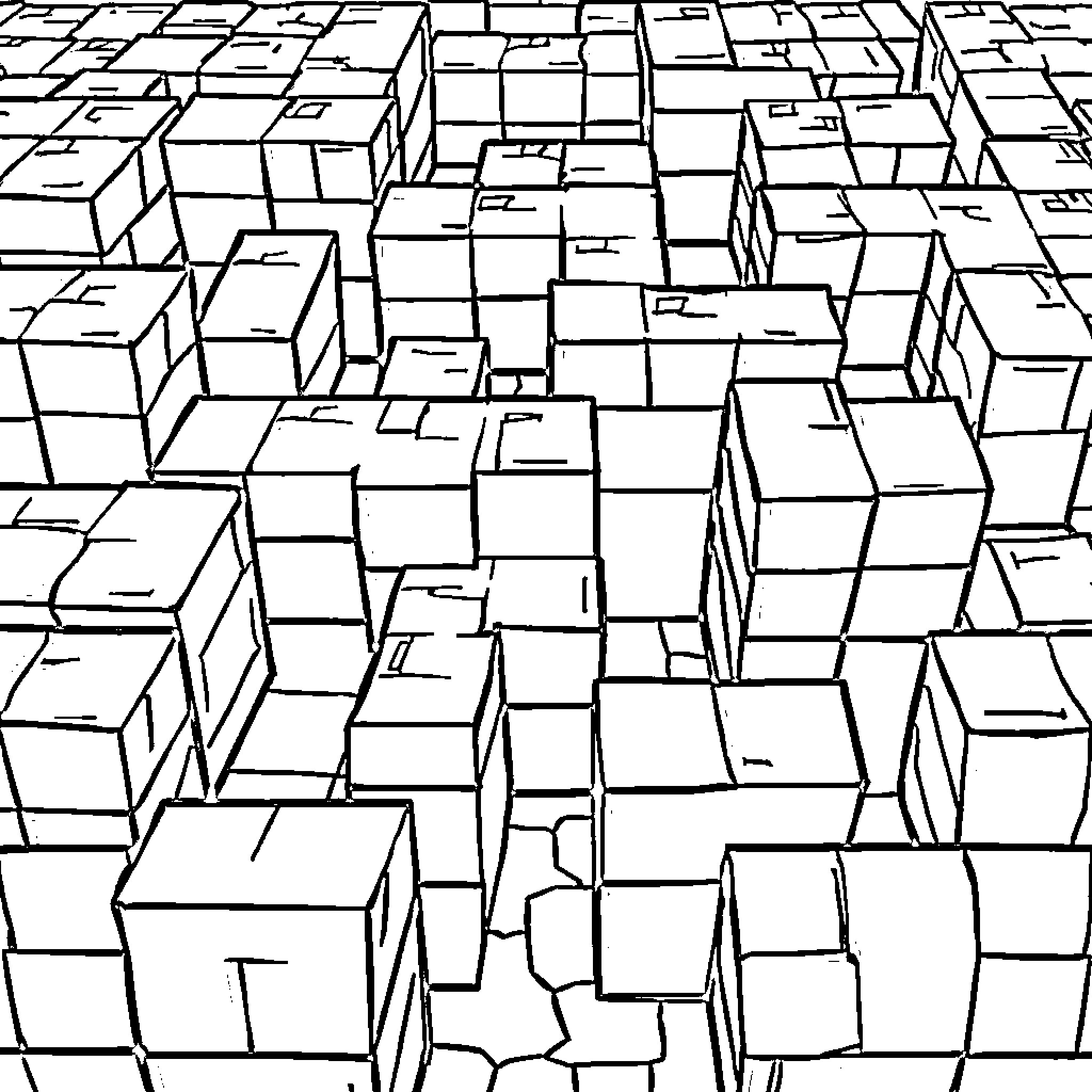 Minecraft Maze of Interconnected Cubes Coloring Page (free black-and-white line drawing printable PDF for all, from beginners to advanced learners, including children, teens, adults, and seniors)