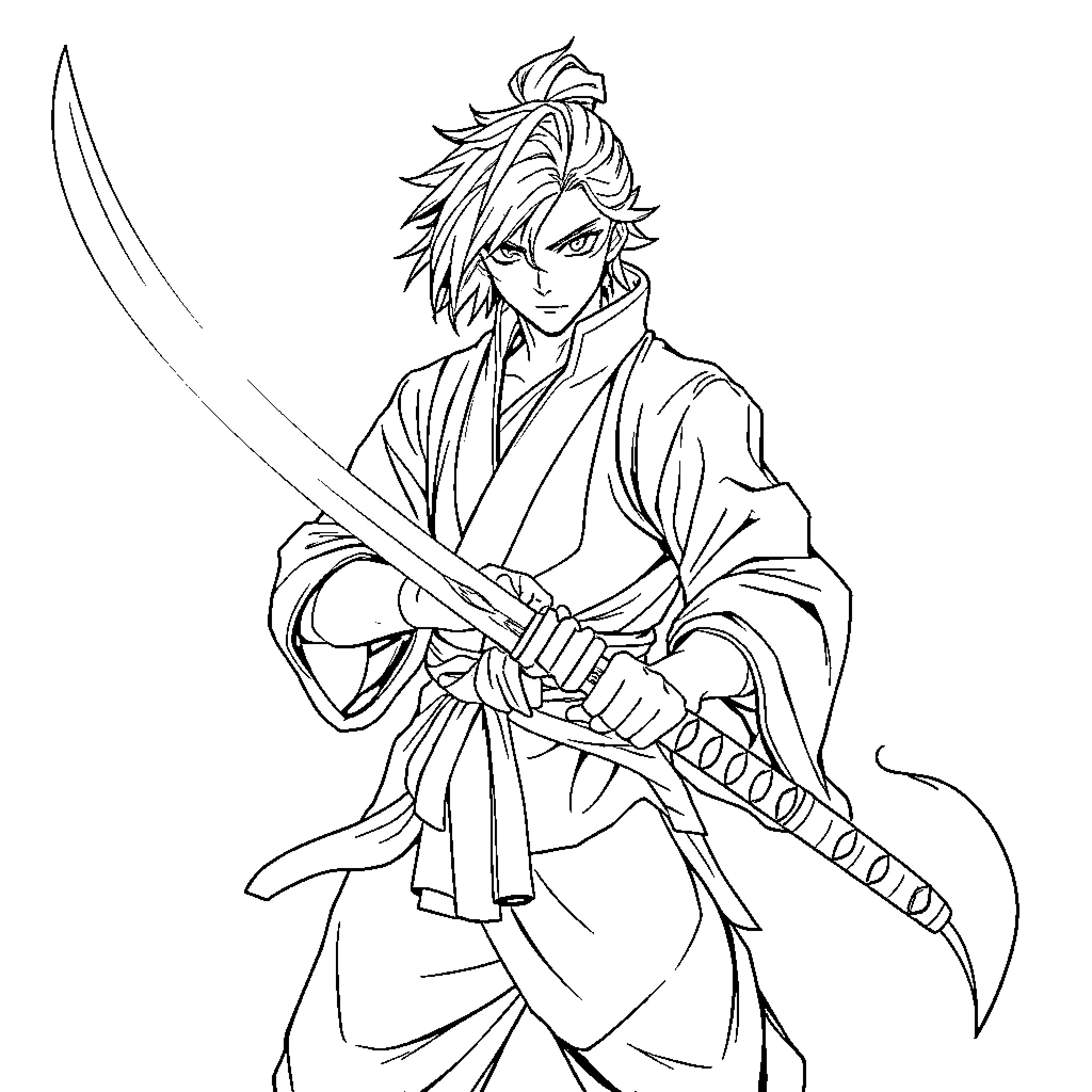 Swordsman in Fierce Pose with Flowing Robes Coloring Page (free black-and-white line drawing printable PDF for all, from beginners to advanced learners, including children, teens, adults, and seniors)