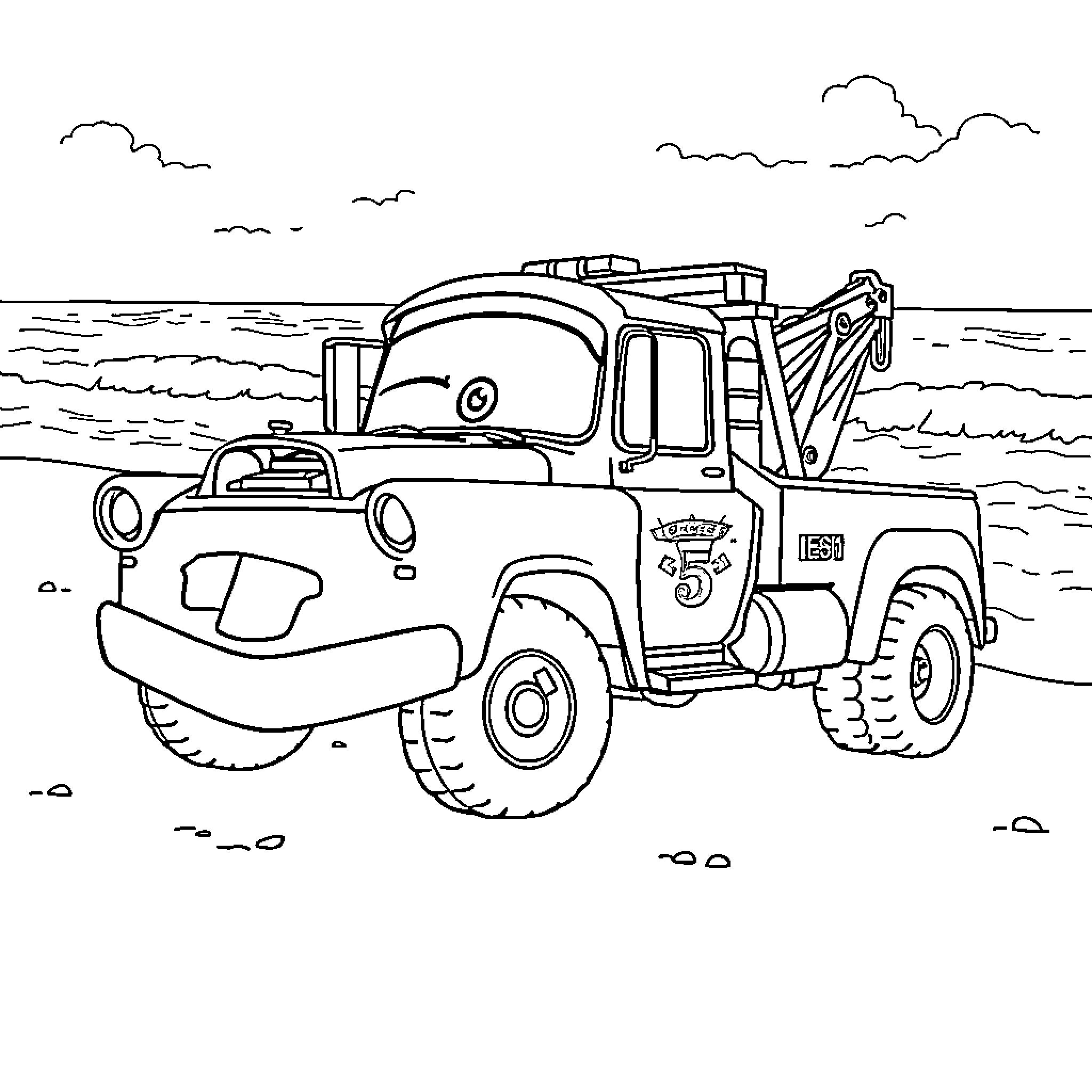 Mater in a Towing Adventure Coloring Page (free black-and-white line drawing printable PDF for all, from beginners to advanced learners, including children, teens, adults, and seniors)