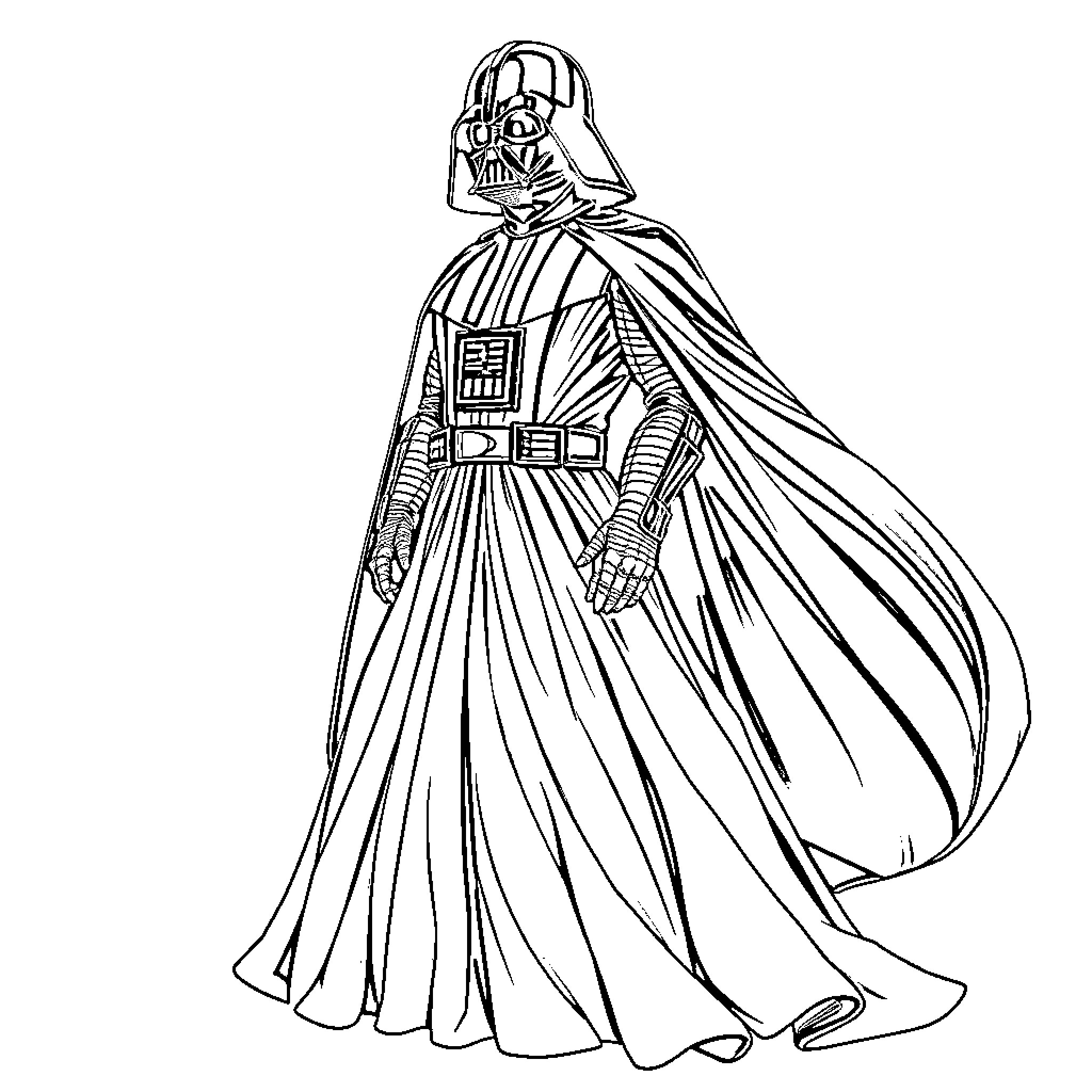 Darth Vader's Imposing Presence in Dark Attire Coloring Page (free black-and-white line drawing printable PDF for all, from beginners to advanced learners, including children, teens, adults, and seniors)