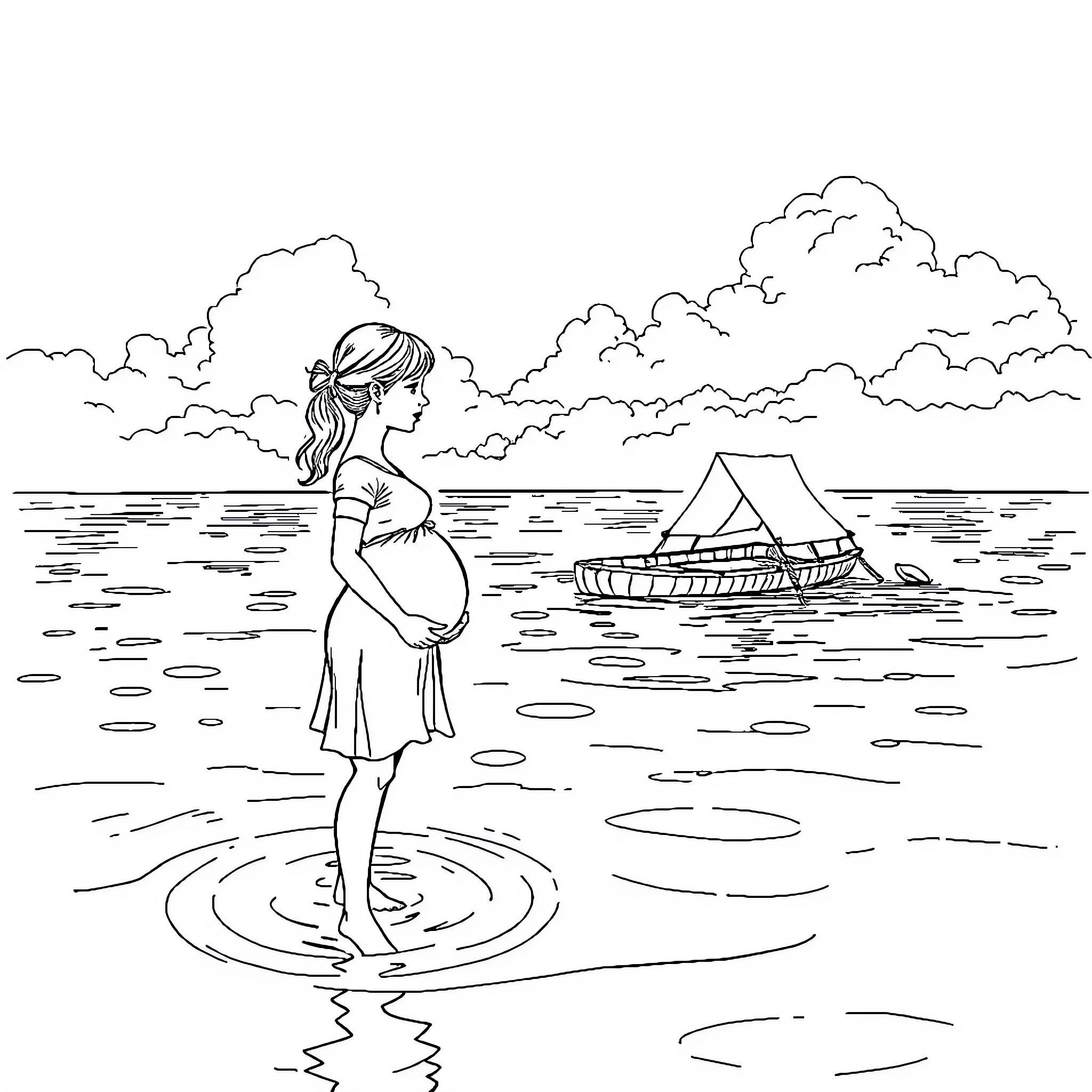 Girl wading in the water near a boat Coloring Page (free black-and-white line drawing printable PDF for all, from beginners to advanced learners, including children, teens, adults, and seniors)