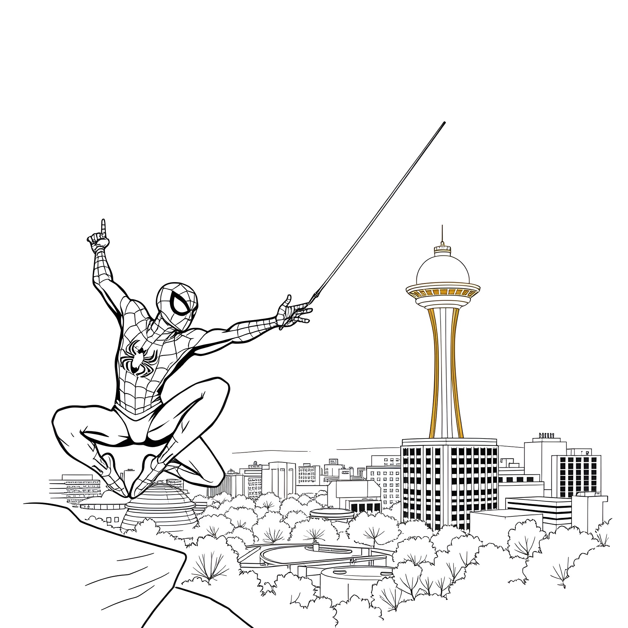 Spider-Man swinging through the city skyline Coloring Page (free black-and-white line drawing printable PDF for all, from beginners to advanced learners, including children, teens, adults, and seniors)