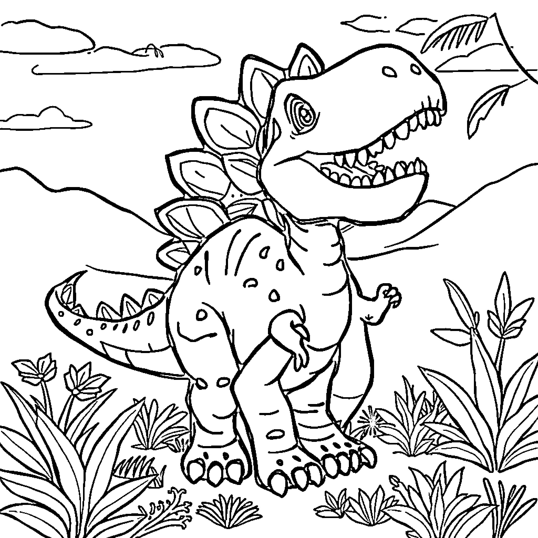 Dinosaur in Colorful Jungle Landscape Coloring Page (free black-and-white line drawing printable PDF for all, from beginners to advanced learners, including children, teens, adults, and seniors)